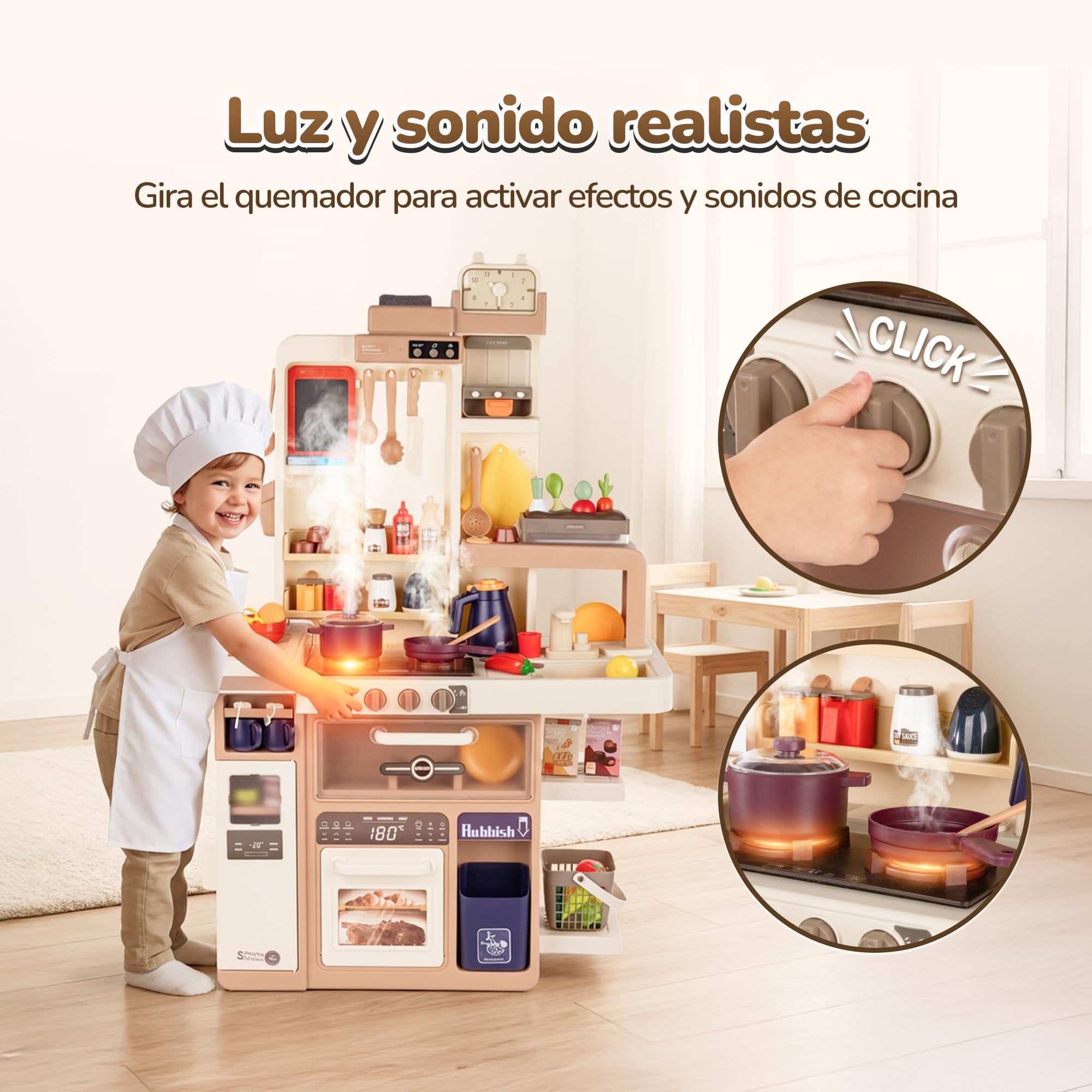Cocina Infantil Grande con luz y Sonido – Juguete con Funciones Reales y Accesorios – Grifo, Vapor, Cocina de Huevos, Pizarra – para niños a Partir de 3 años