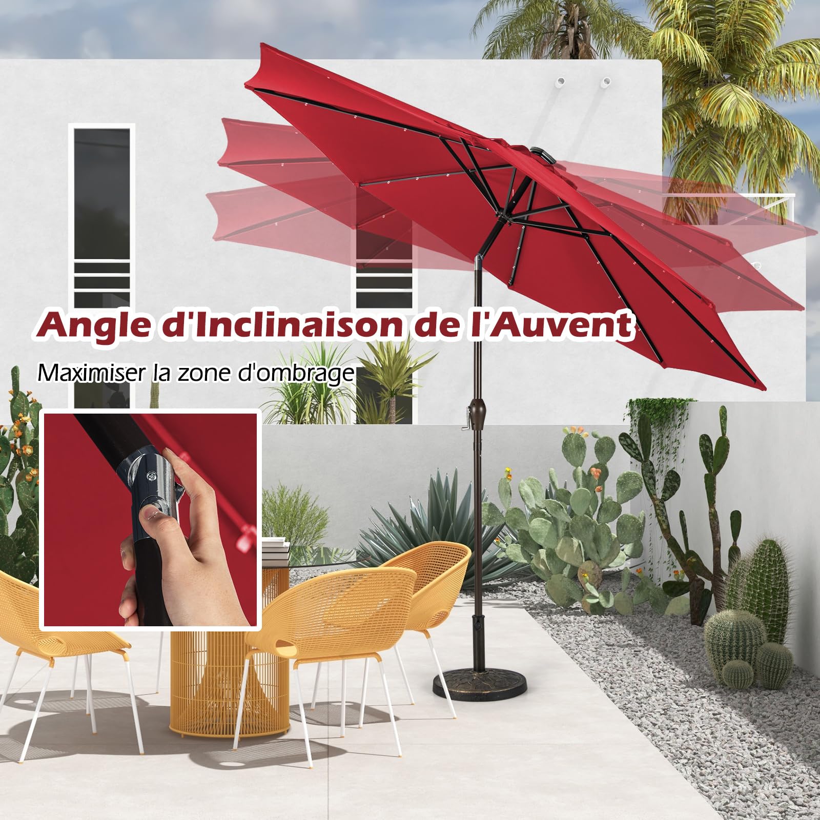 RELAX4LIFE Parasol Inclinable LED Dia.3M avec Éclairage Solaire, 8 Baleines, Inclinaison Réglables Parasol de Jardin Extérieur pour Balcon Terrasse Patio Café Bistro (Φ300x250cm,Rouge)