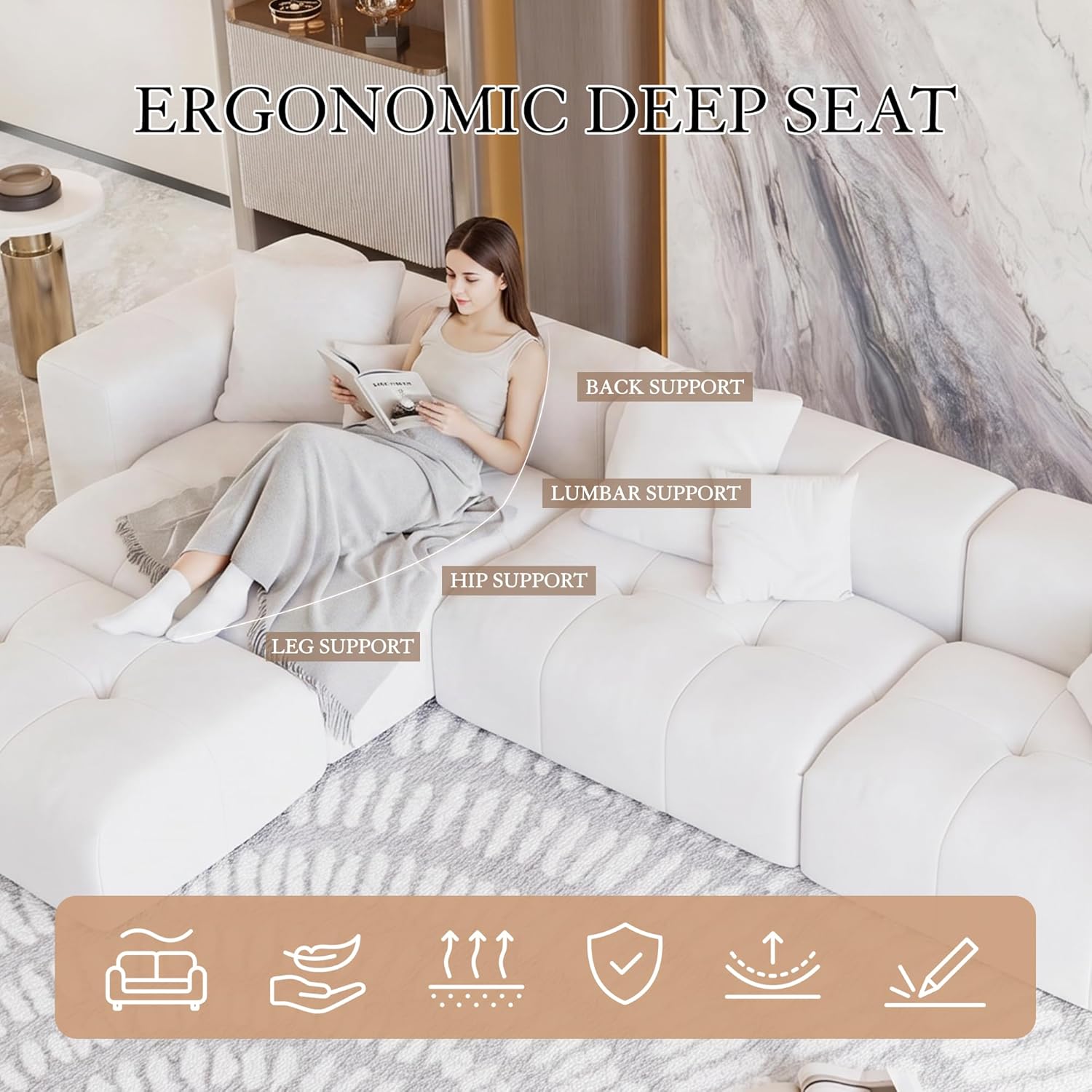 104" Love Seat Couch, Modular Sectional Sofa Cloud Couch with Deep Seats, Breathable Linen Fabric Sectional Couches for Living Room/Bedroom/Apartment, Simple Assembly, White