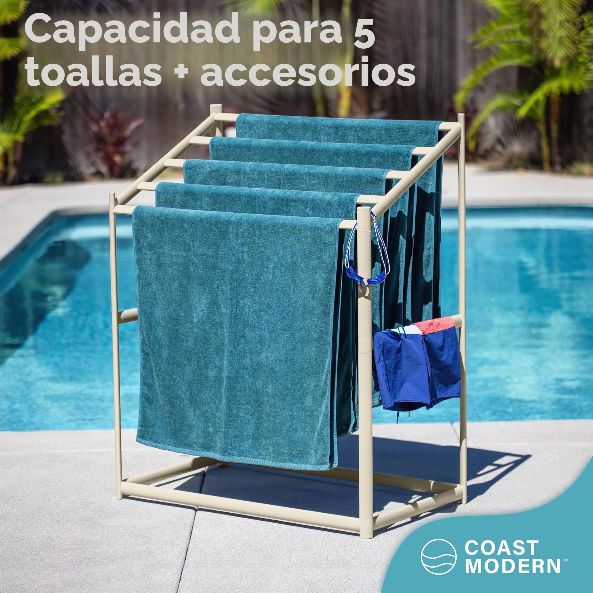 Coast Modern - Toallero de Piscina – 5 Toallas de Playa de PVC para Uso en Exteriores e Interiores, Color Arena