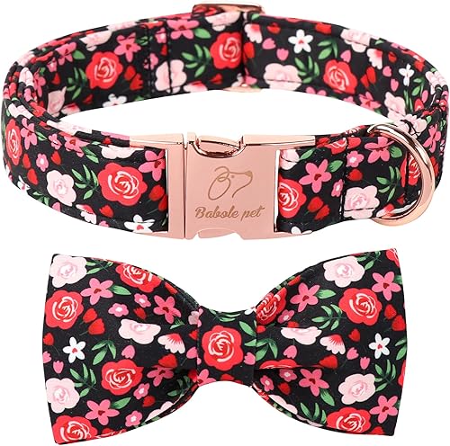 Collar de perro floral con corbatín Collar ajustable de flores negras con corbatín, transpirable, cómodo, collares de perro de primavera-verano