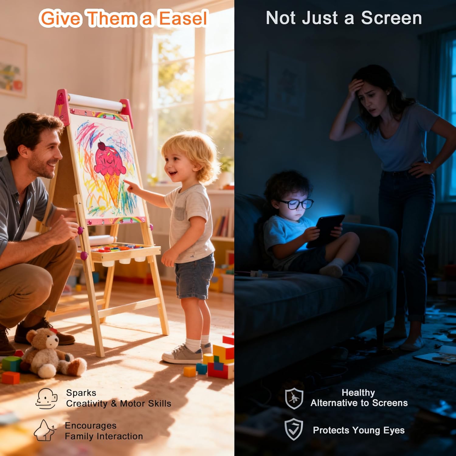 Art Easel for Kids, Kids Art Easel with 3 Paper Roll, Magnetic Whiteboard and Chalkboard,Adjustable Standing Wooden Toddler Easel for Painting Double Sided,3in1 Painting Easel for 2-4 4-8 Pink