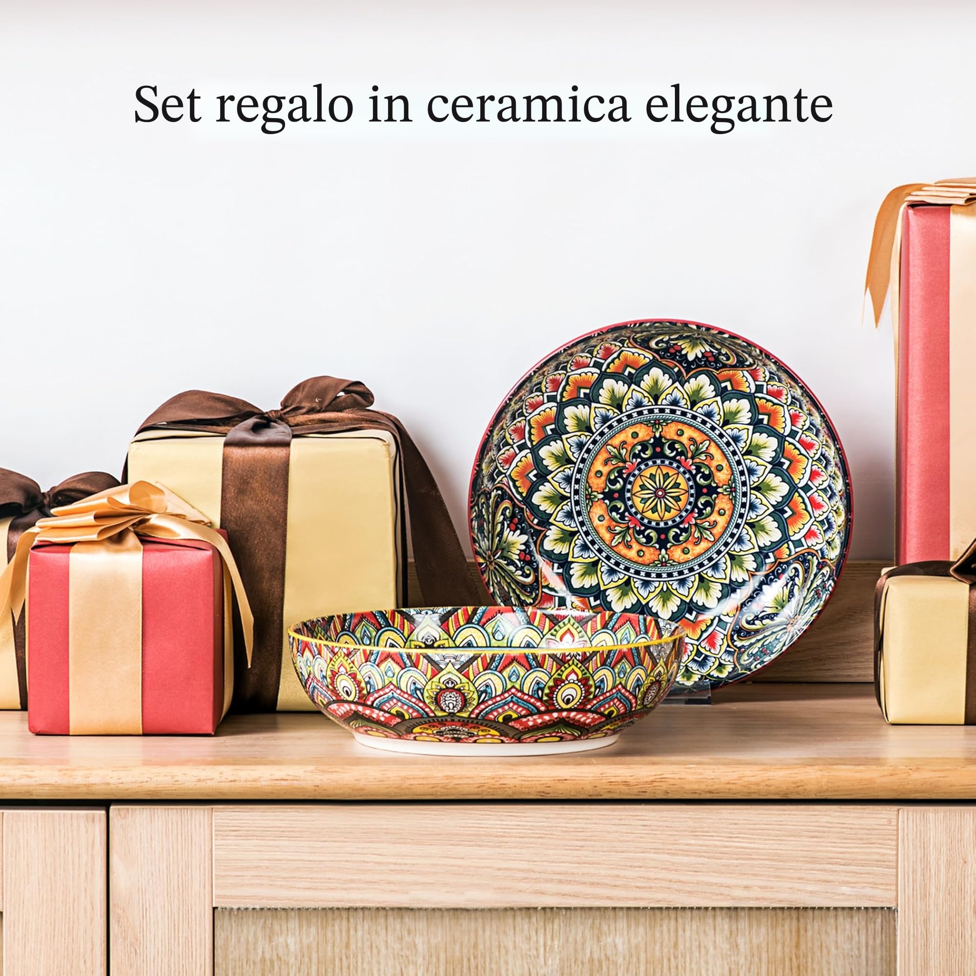 Henten Home Ciotole per Pasta, Piatti Fondi in Porcellana 2 pezzi -1500 ml, Ciotole per Pasta/Insalata/Zuppa/Frutta, Adatti al Forno a Microonde e Lavastoviglie, Stile Boho
