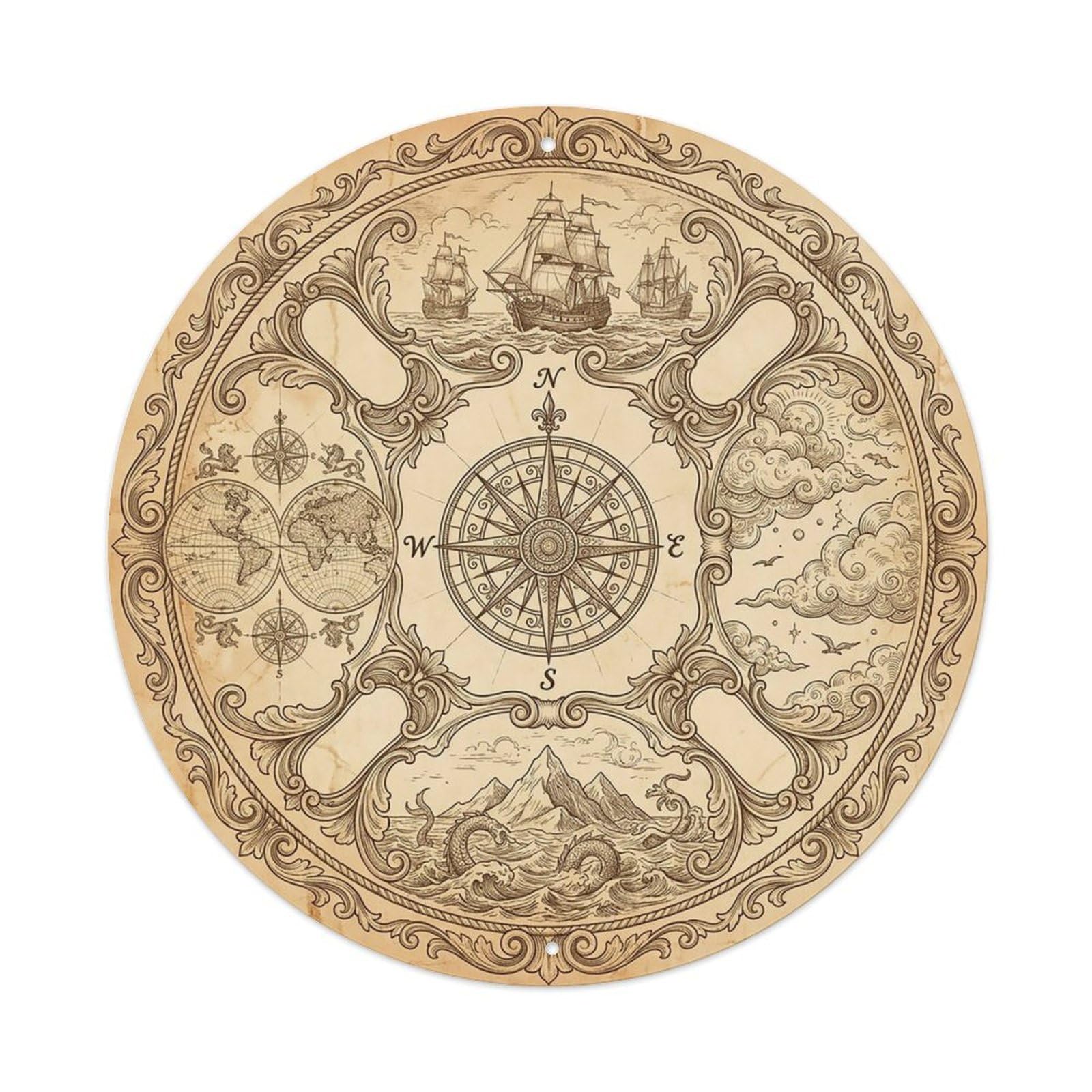 Vintage Nautical Compass World Map Dock Path Metal Tin Sign
