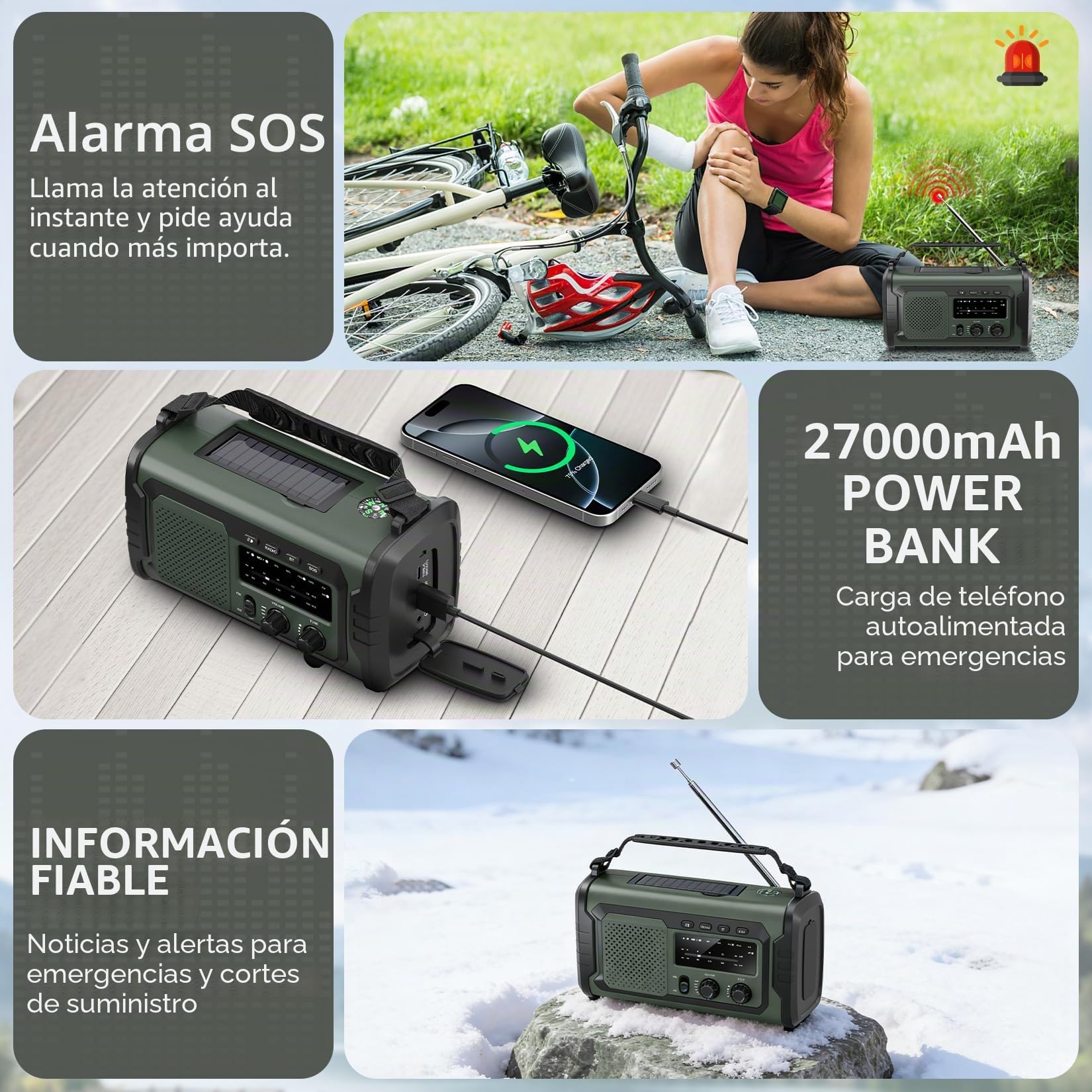 27000mAh Radio Emergencia, FM/Am Radios Solar y Recargable con Bluetooth 5.3/Alarma SOS/Brújula/Linterna, Radio De Dinamo para La Preparación Al Aire Libre para Desastres Naturales