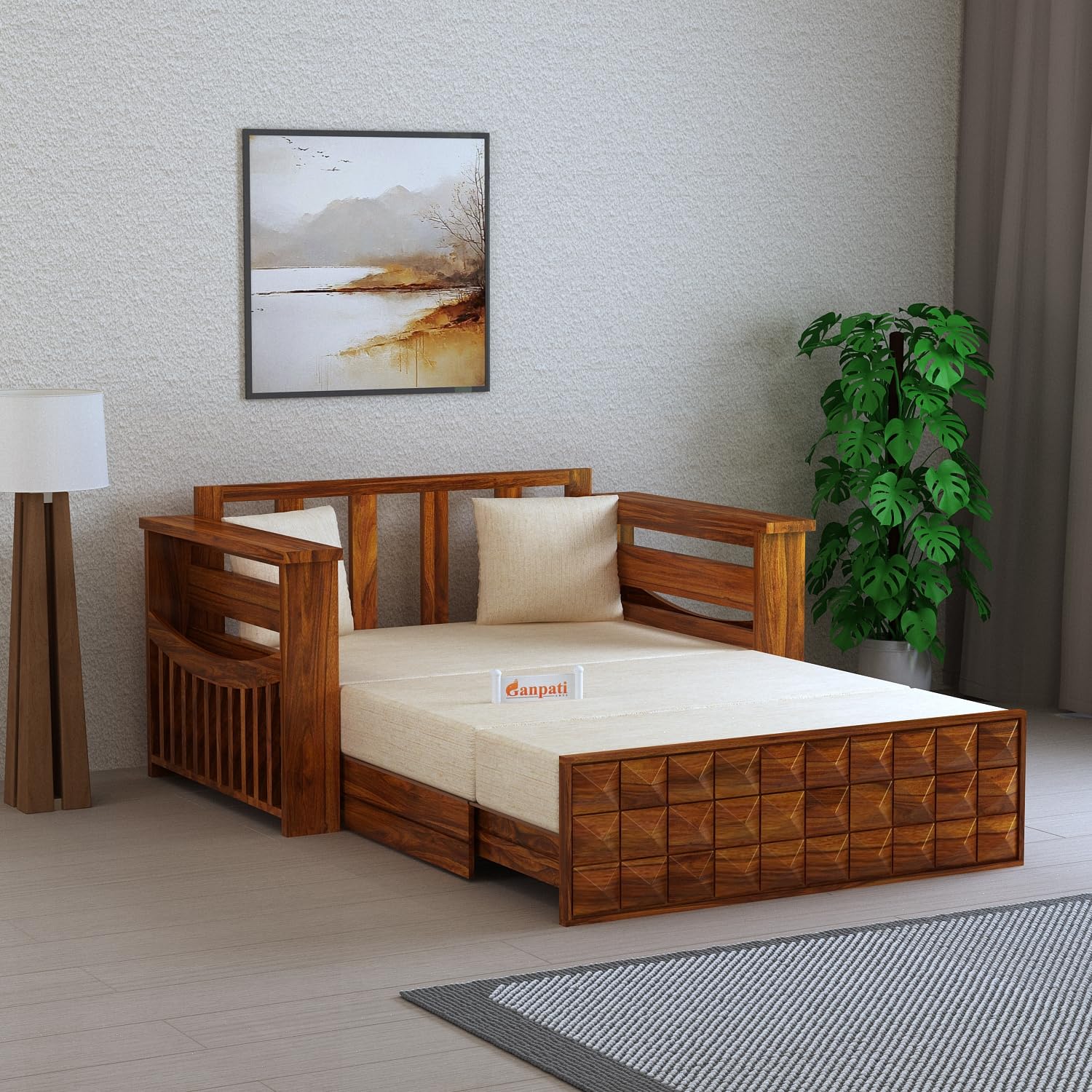 Ganpati Arts Solid Sheesham Wood 2 Seater Diamond Sofa Cum Bed With Side Pockets Multipurpose Decorative Bed Furniture For Living Room Bedroom Home Office 1 Year Warranty(Natural Finish) - Multicolor