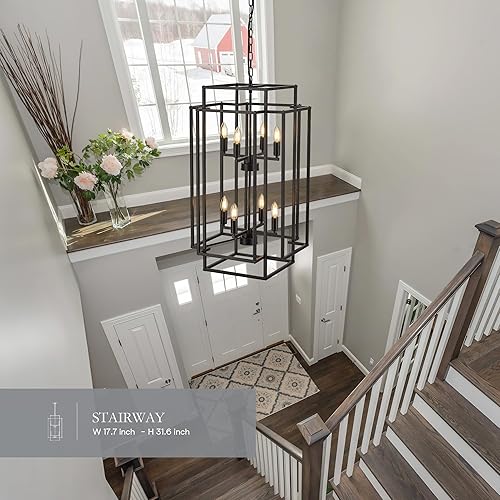 Miniatura 4 de Lámpara colgante de 8 luces, farol escalonado, de metal negro, para sala de estar, vestíbulo, vestíbulo, cocina, isla, comedor, sala de estar,