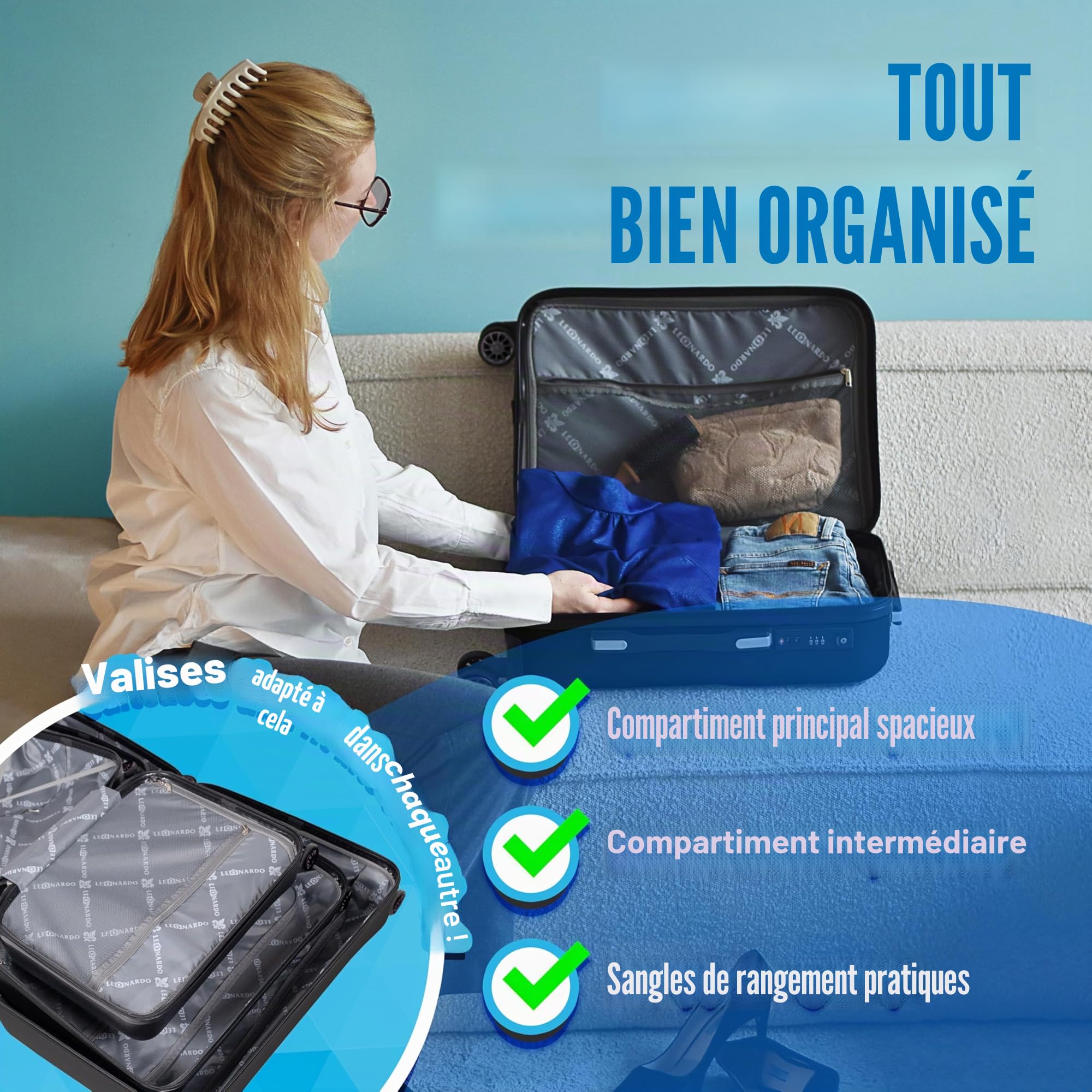 Leonardo® Set de 3 Valises avec Serrure TSA | Valise Cabine de Voyage | Bagage Moyenne | Grande Taille | avec 4 Roues Doubles | Hard Case | S-M-L Set | Venice | Argent