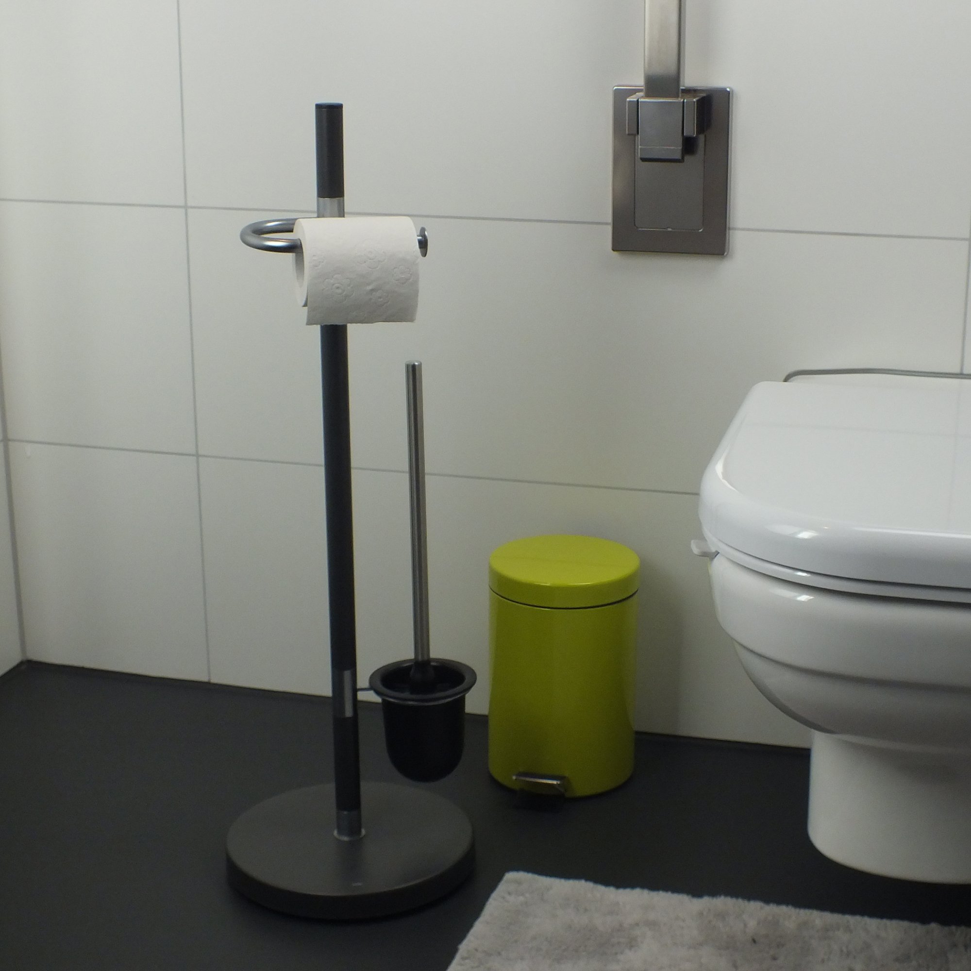 kela Juego de baño con portarrollos y escobillero de 76,5 cm, escobilla de baño con soporte abierto SINERIO, metal antracita-plata mate