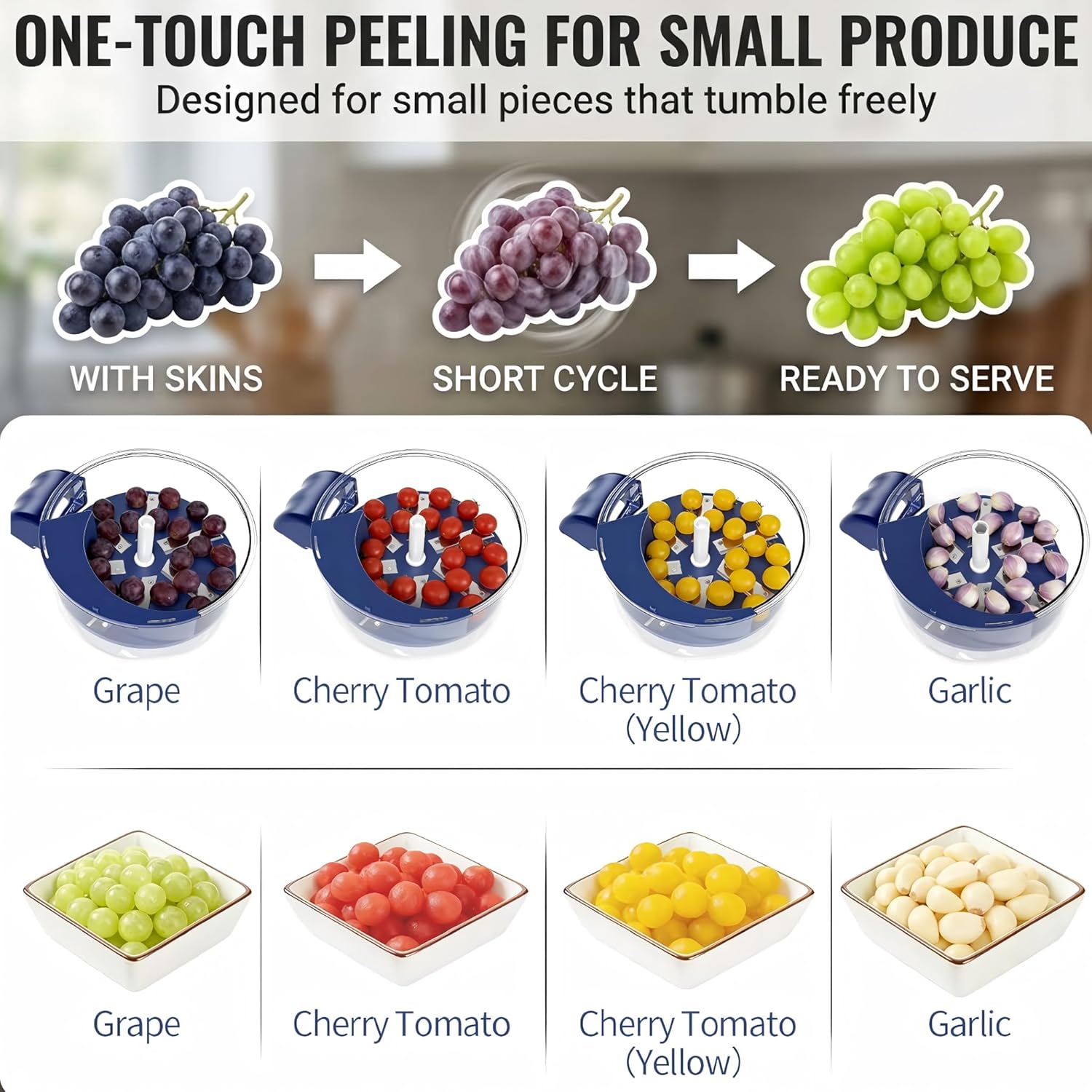 Electric Grape Peeler, Rechargeable Automatic Garlic Peeler Machine, Cordless Small Fruit Skin Remover for Grapes, Cherry Tomatoes, Plums & Olives, One-Touch Peel & Eject