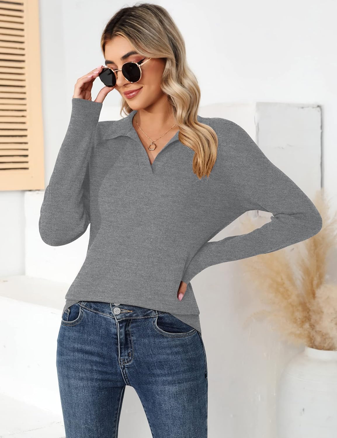 Romanstii Women's Knitted Collared Sweaters Long Sleeve V-Neck Polo Shirts Winter Pullover Tops - Image 7