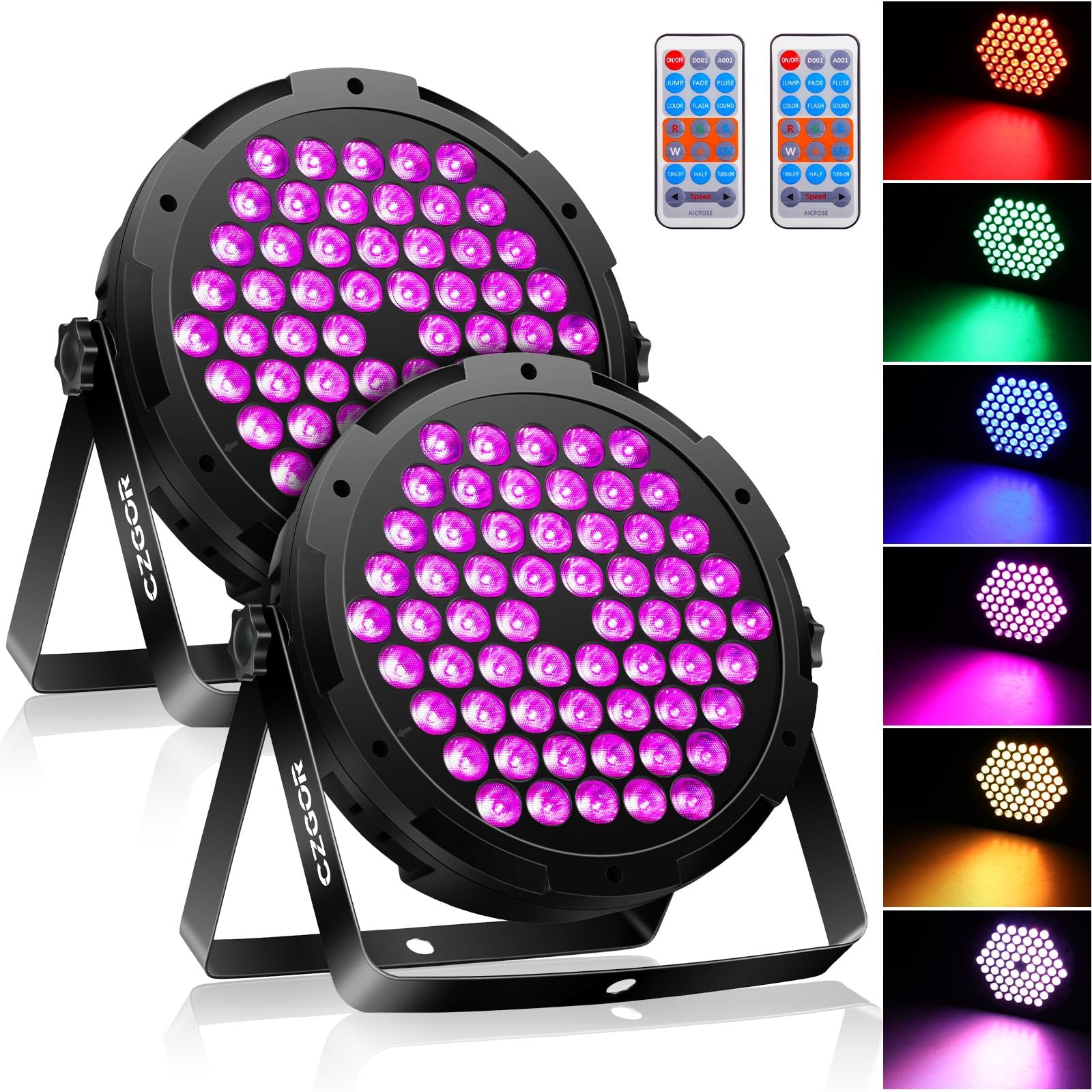 90W Par LED Luce, Czgor 60 LED Par RGB 3 in 1 Luci da Palco Avec Telecomando con 1M Cavo DMX, DMX512 7CH Discoteca Illuminazione Palco per Feste Bar DJ Discoteca Matrimonio, 2 Pezzi