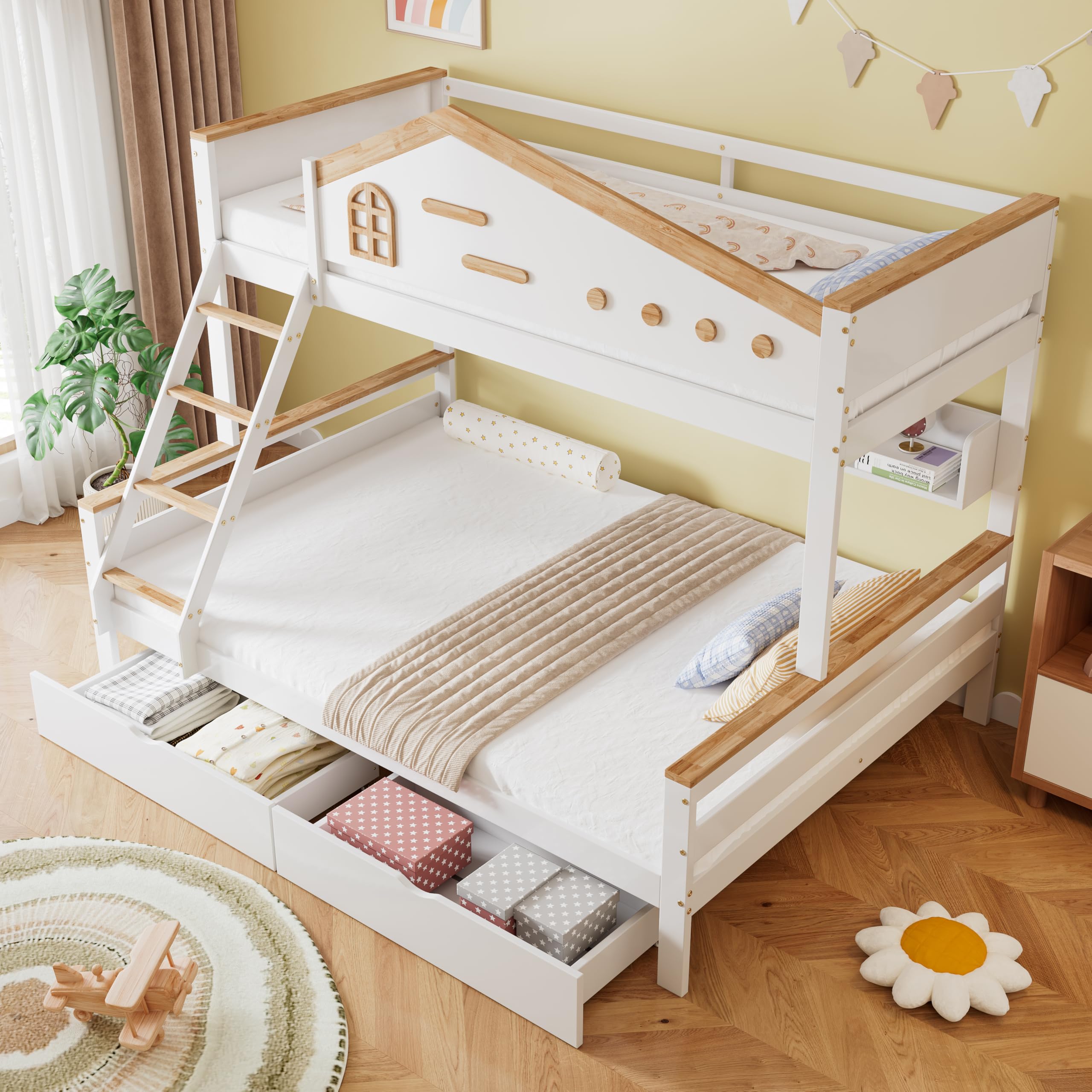 Lubvtti Litera Infantil con 2 cajones,Cama Infantil 90 x 200 cm y 140 x 200 cm,literas Juveniles con Estante Abierto,Estructura de Cama de Matrimonio de Madera Maciza, Blanco + Natural