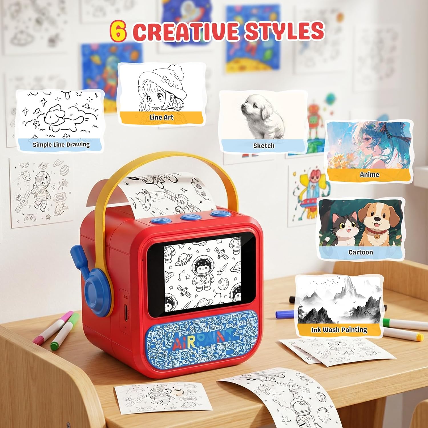 Sticker Printer AI Box Toy for Kids, HD AI Voice Story Printer, Portable Thermal Printer with 2.4inch Display, 6 Modes, Cancel Function for Home, Office, Study & DIY Projects, 6 Rolls Paper Included