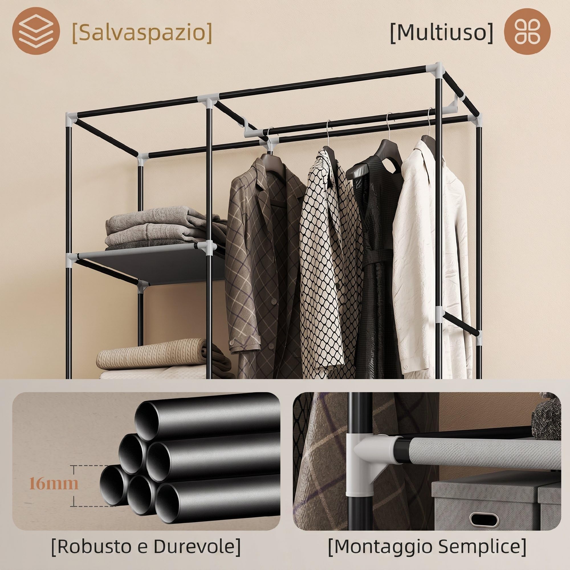HOMCOM Armadio Portatile con 6 Ripiani Aperti 103x43x162.5 cm Grigio Chiaro | Tessuto non Tessuto, Acciaio e PP, Armadio Guardaroba Salvaspazio, 1 Appendino, Porta a Cerniera