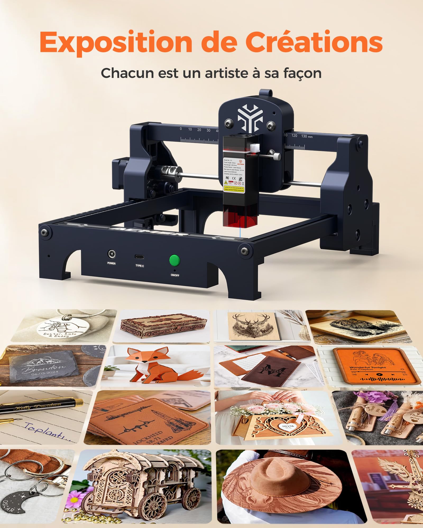 Graveur Laser ACMER 6W Machine a Graver Laser, Surface de Gravure 130×130mm,Découpe Laser 10000mm/min,Précision 0,01mm,graveur laser bois métal et verre Bois, Métal,Cuir