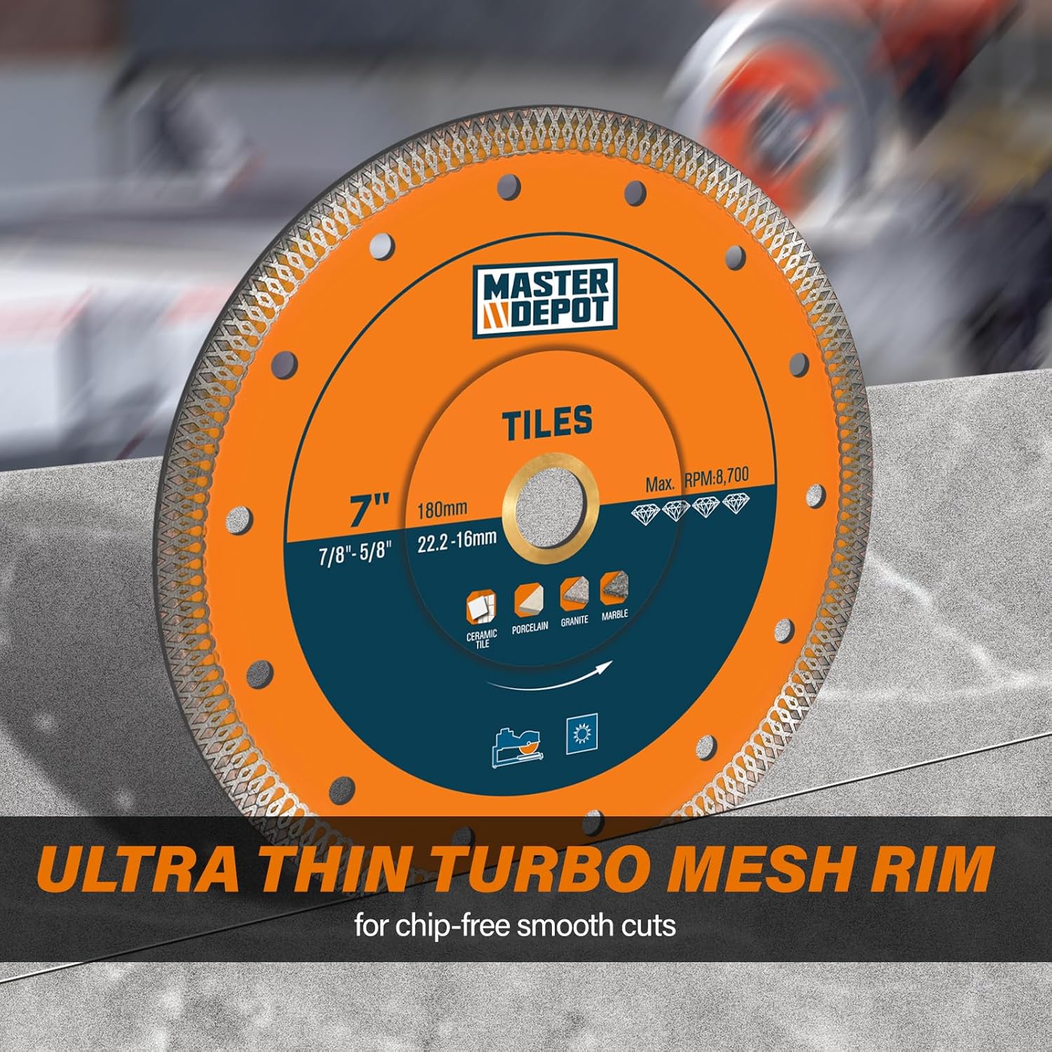 7 Inch Ultra-Thin Turbo Mesh Diamond Blade for Cutting Porcelain, Ceramic, Marble, Granite, 2 Pack for Handheld Saws and Angle Grinders, Dry and Wet Use, 7/8"-5/8" Arbor