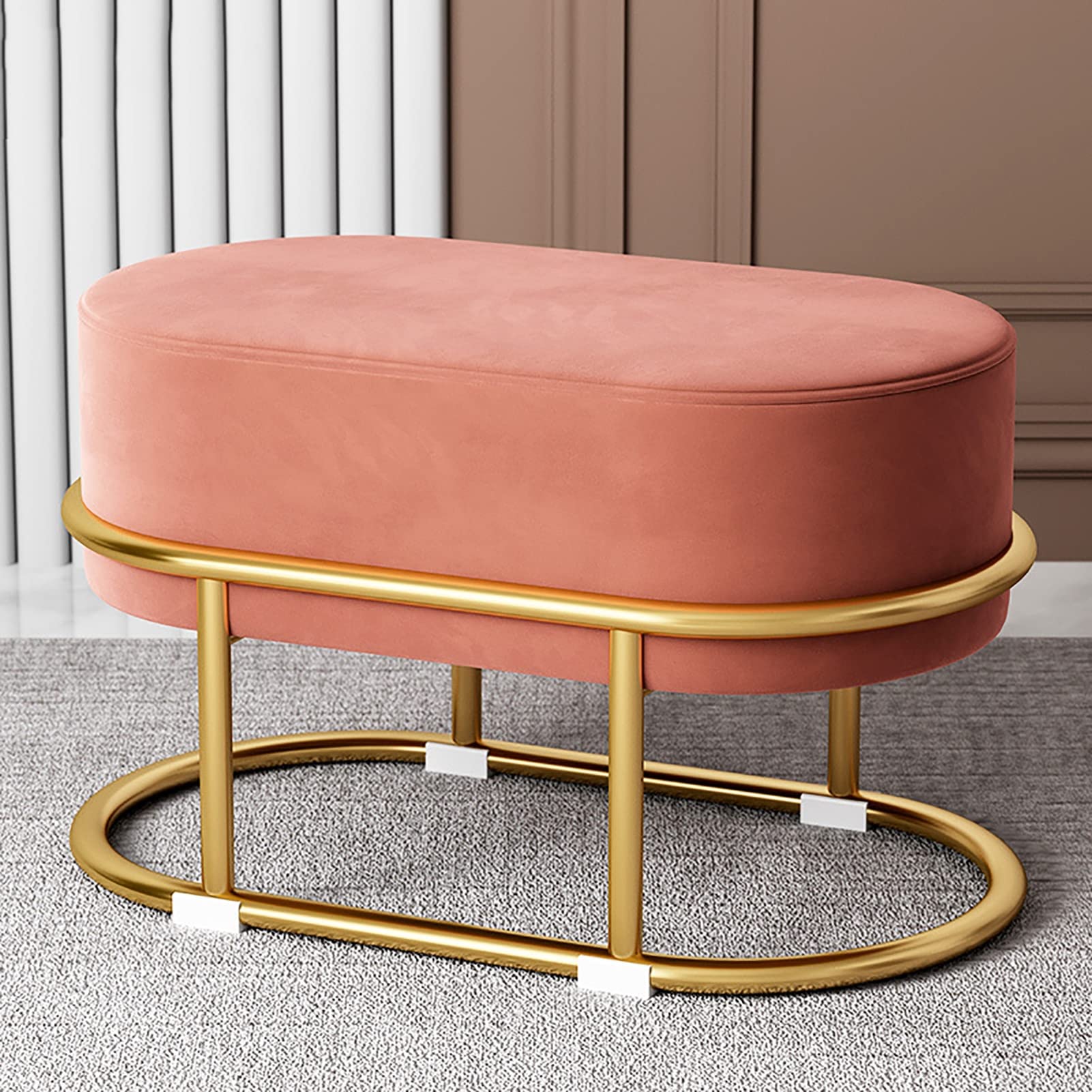 Velvet Ottoman Vanity Stool With Gold Metal Legs - Modern Cozy Upholstered Makeup Chair for Living Room or Bedroom - Small Foot Rest