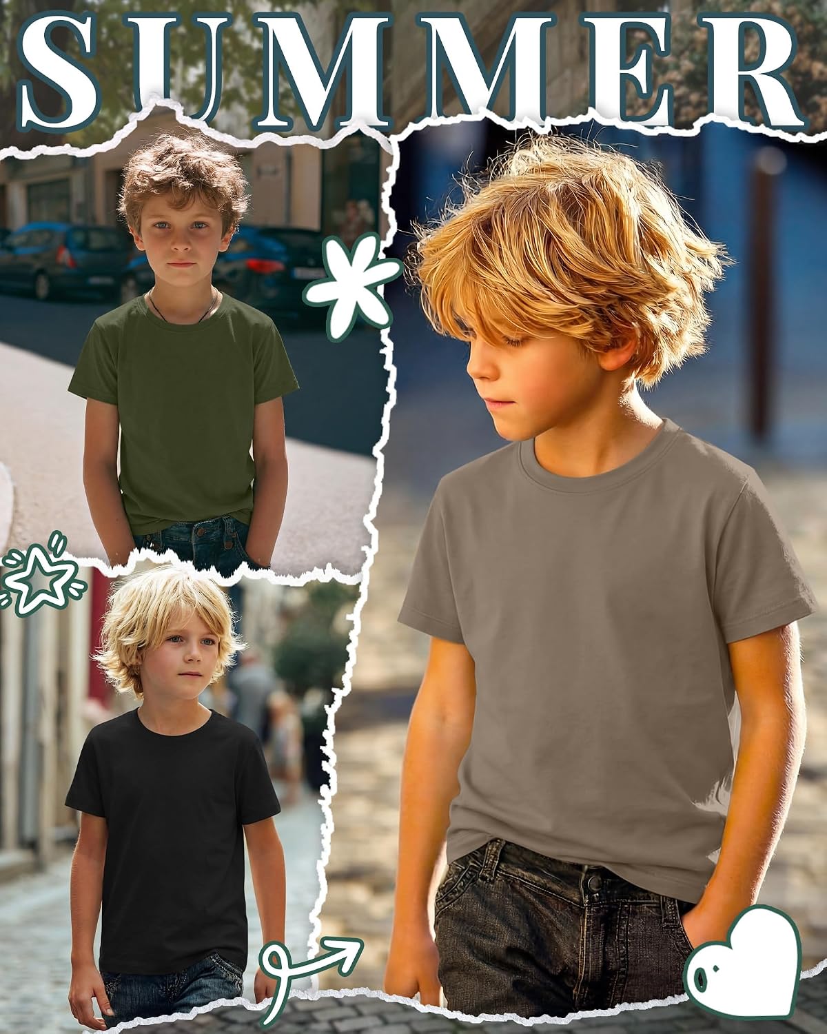 5 Pcs Boys Shirts Short Drop Sleeve Crew Neck Loose T Shirts Basic Lightweight Casual Pull Over Athletic Tees