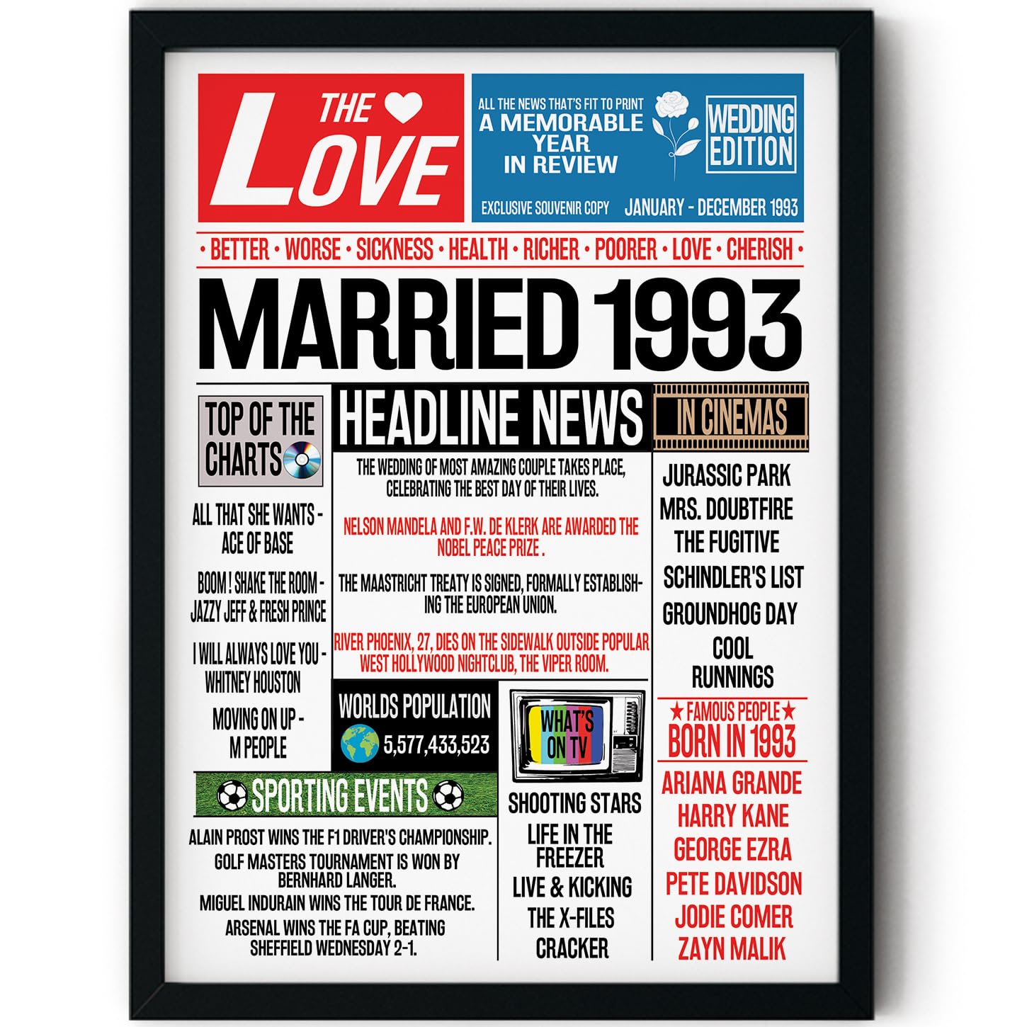 Stuff4 Men's 1993 33Rd Anniversary Poster Framed - Married In Newspaper - Happy 33Rd Wedding Anniversary For Wo Vintage Gifts Retro Back In 8X10 Inch Anniversaries Posters