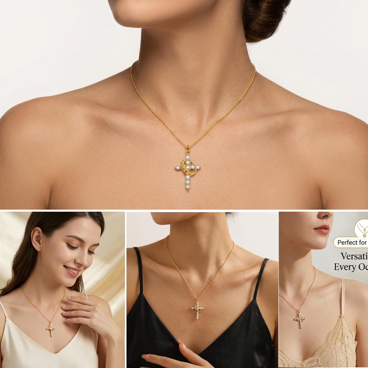 Cross Necklace for Women 14K Gold Cross Pendant with Heart Crown Dainty Christian Faith Religious Gifts for Mom Wife
