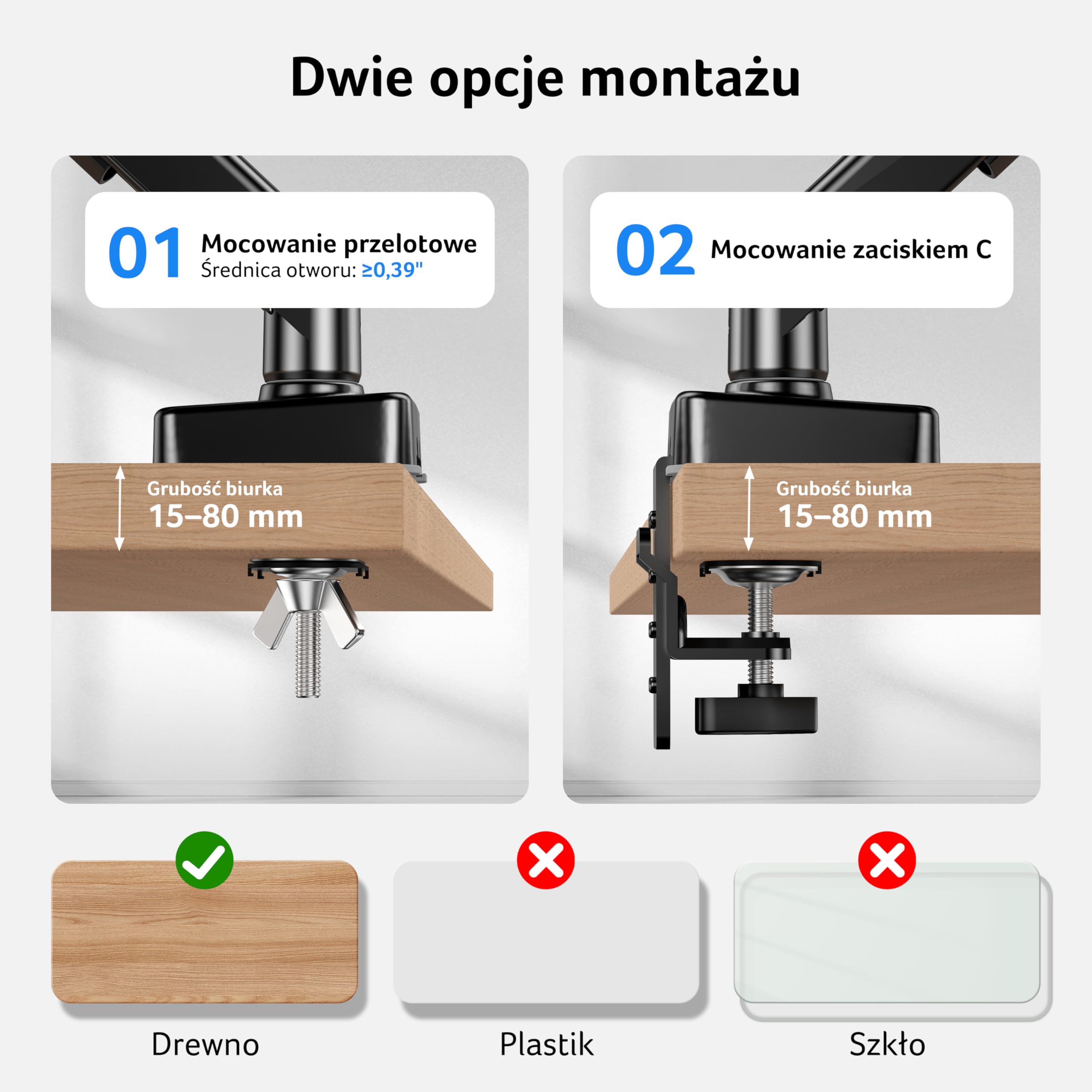 Acer Uchwyt pojedynczy monitor do 17-34 cali, Sprężyna gazowa Ramię | Obciążenie 2-9kg, Stojak regulacją wysokości z Pochylenie Obrót Obracania, VESA 75/100mm, Podstawa zaciskiem C/przelotką