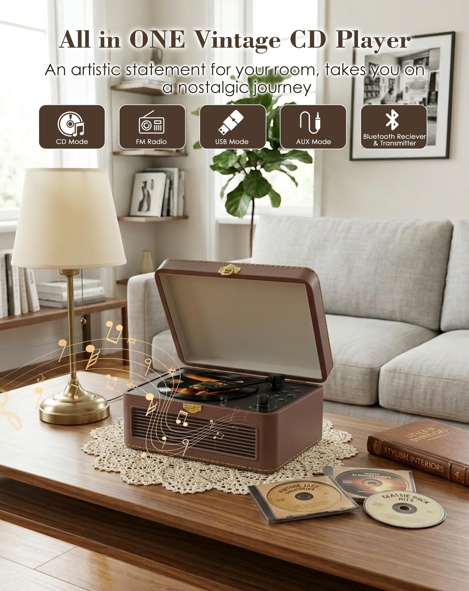 Reproductor de CD portátil con Bluetooth, Radio Retro PU Marrón