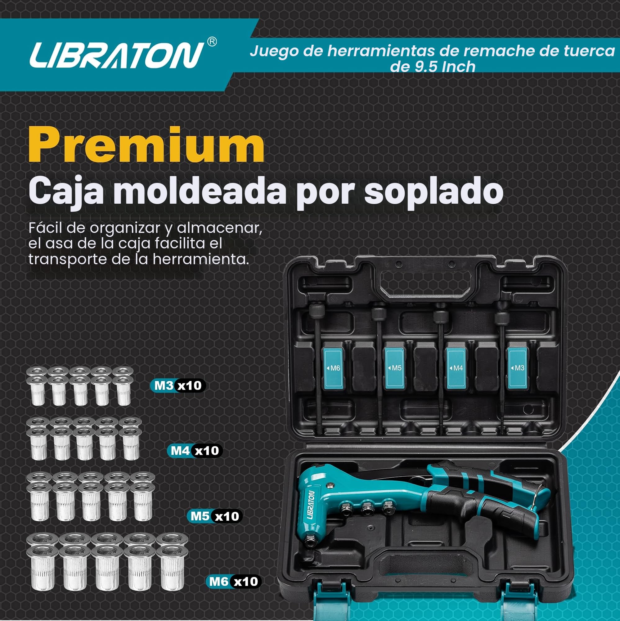 LIBRATON Remachadora de Tuercas, 9.5" Pistola de Tuercas, Herramienta de Tuerca de Remache con 40 Piezas Tuercas y 4 Mandriles Intercambiables M3, M4, M5, M6, Remachadora de Tuerca Profesional
