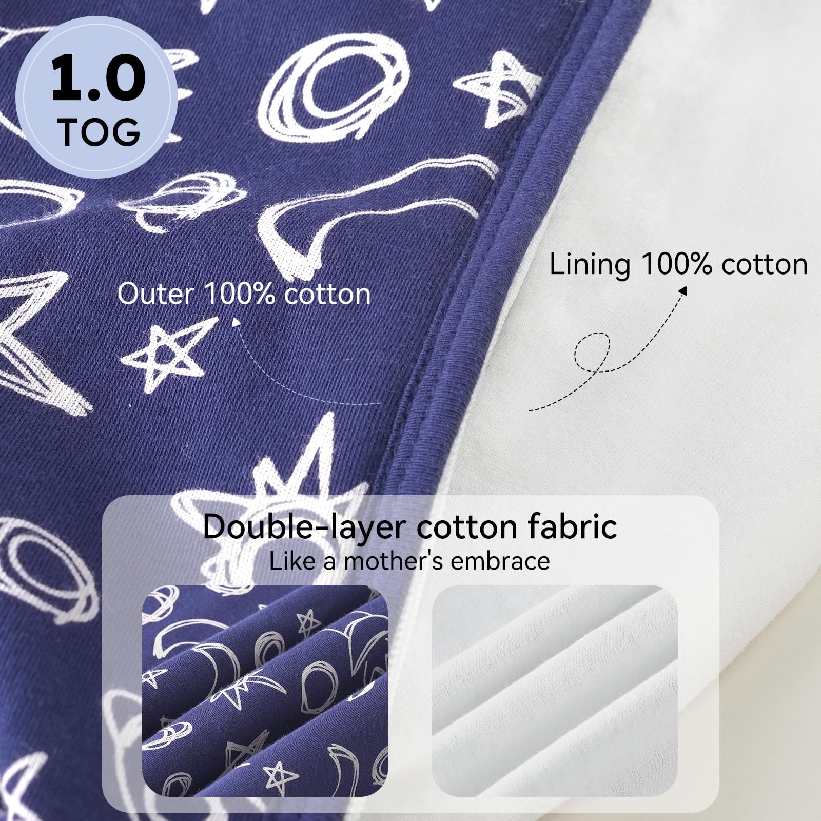 Unnivoll Gigoteuse pour bébé 1,0 tog 18-36 mois 100 % coton sac de couchage couverture portable avec fermeture éclair à 2 voies pour nouveau-né bébé tout-petit lune bleue
