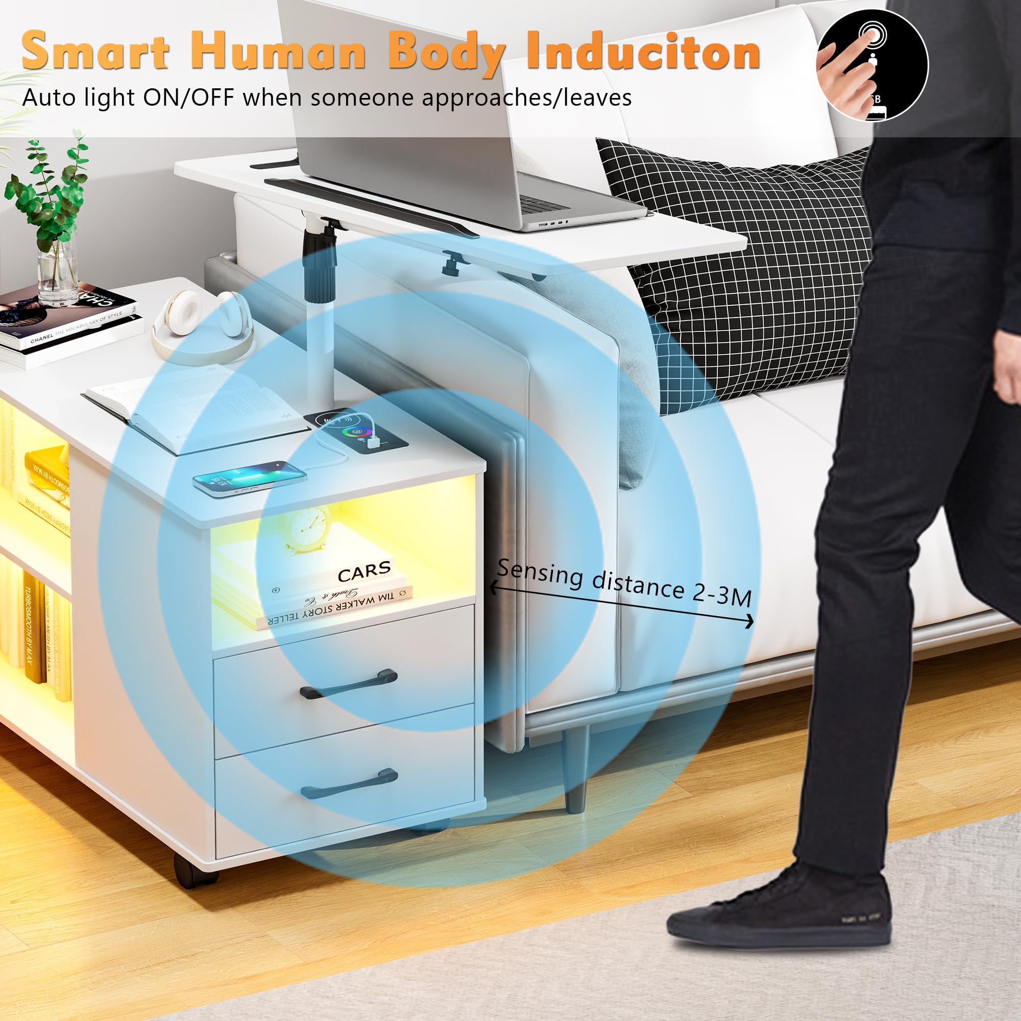 Comodino LED Lvifur Con Stazione Ricarica – 3 Cassetti, Luce 24 Colori Dimmerabile, Sensore Automatico, MDF Nero - copertina