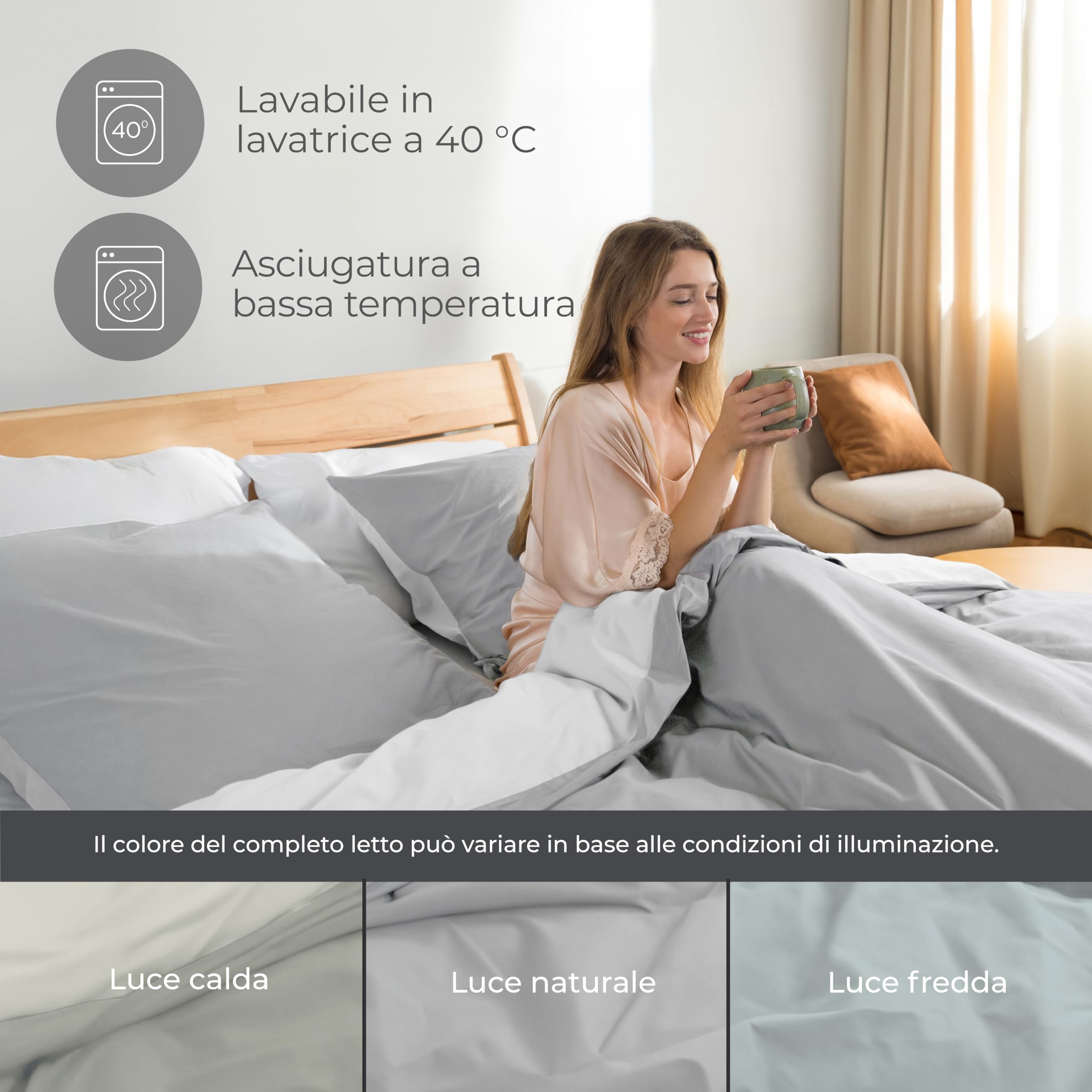 Dreamzie Copripiumino Matrimoniale Cotone Percalle - Set 3 Pezzi - Copripiumino 220x240 e 2 Federe 65x65 cm - Grigio Chiaro - Certificato Oeko-Tex