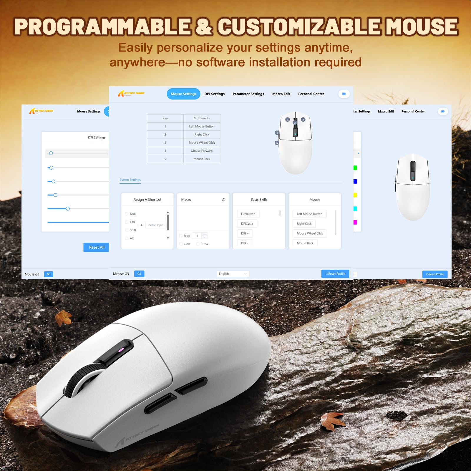 MAMBASNAKE x ATTACK SHARK G3 Mouse da Gioco Wireless, Leggero 59g, Sensore Ottico PAW3311, 25 000 DPI, Bluetooth/2.4G/USB-C, 5 Pulsanti Programmabili, Batteria da 500mAh per PC/Mac – Bianco