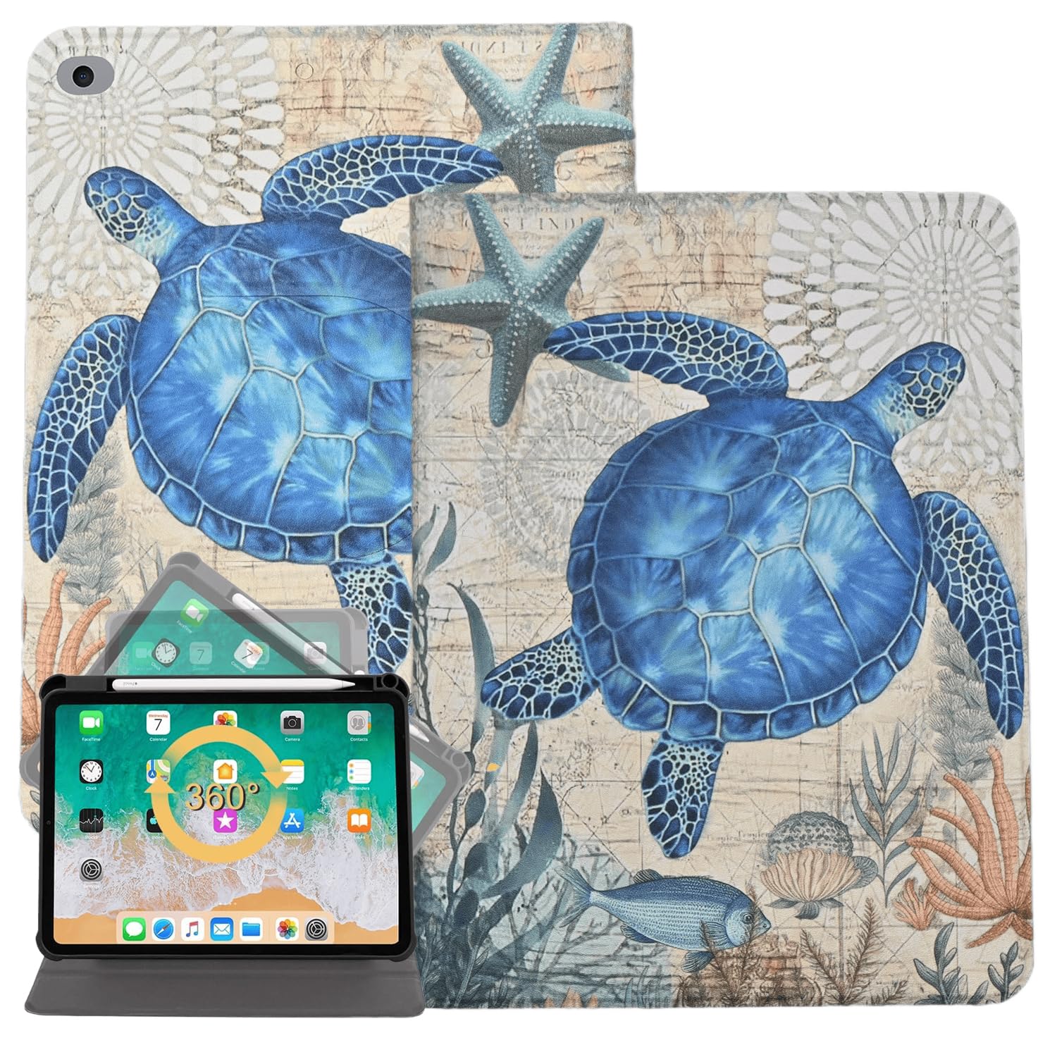 Rotating Case for iPad 6th/5th Generation 2018/2017 Model 9.7 Inch, iPad Air 1/2th, Ocean Theme 360 Degree Rotating Protective Stand Cover, Auto Wake/Sleep, Sea Turtle