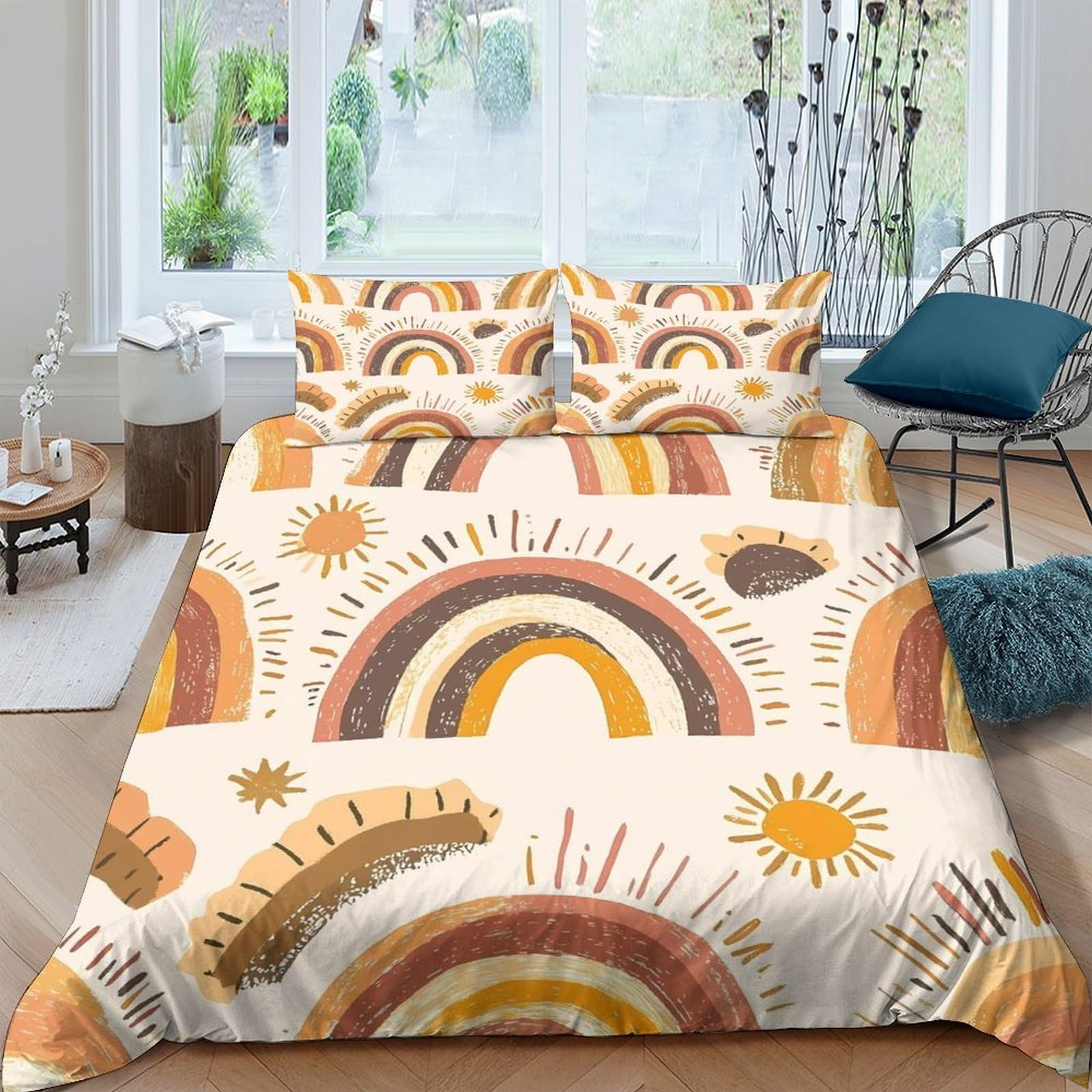 Ctjqhvkz Style-1 3D Printed Boho Rainbow Fitted Sheet Microfiber Soft Sun Pattern Mattress Cover For Bedroom Living Room Decor Single（135X200cm）