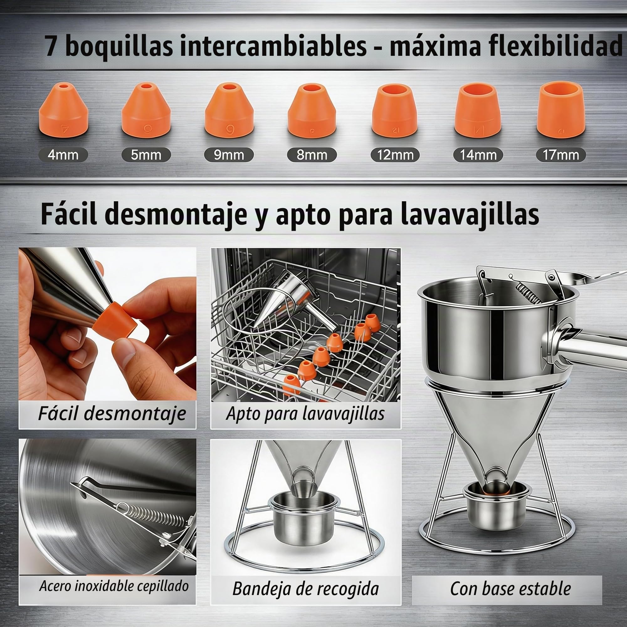 1 Embudo dosificador dispensador de masa dosificador en acero inoxidable 18/8 con medida graduada y asa + 7 boquillas de silicona + pedestal con colector de masa + bolsa | 1,2 L