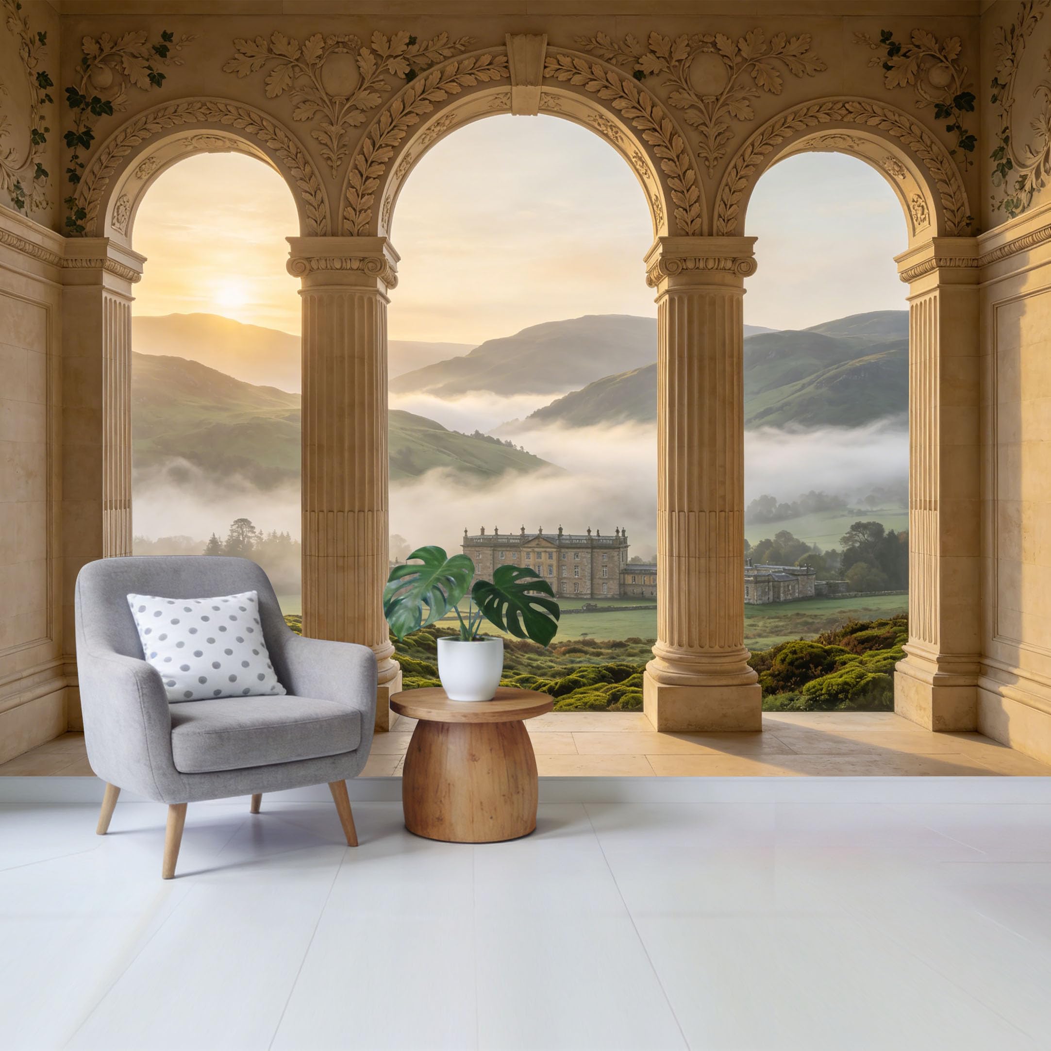 Removable Self Adhesive Fabric Mural， Neoclassical Architectural Arch Mountain Lake Custom Size Wall Covering， UV Protected Waterproof Washable Wall Decor for Living Room Bedroom Bathroom
