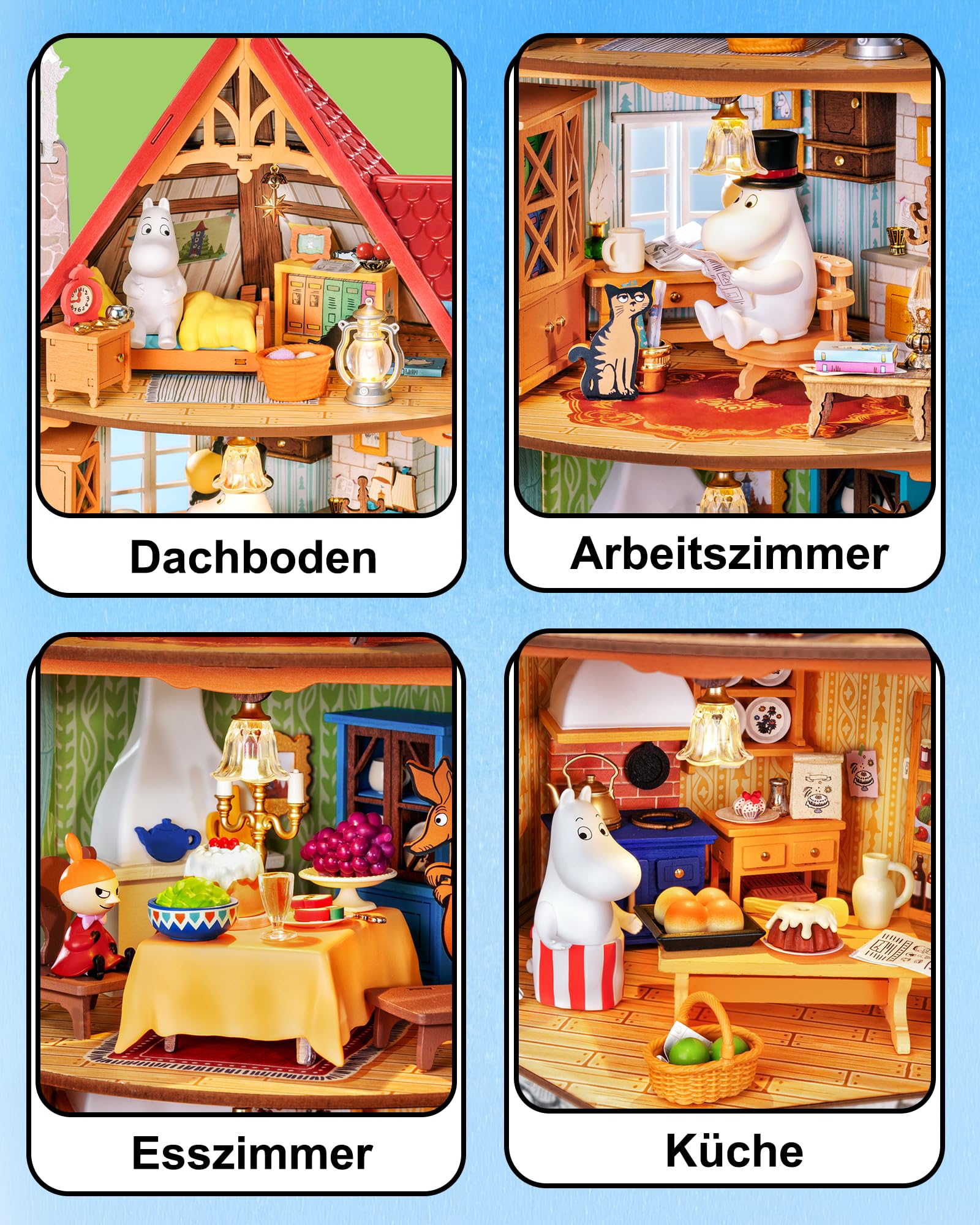 Rolife DIY Miniatur Puppenhaus Moominhouse 441 Teile Holz Bausatz | Offizielles Moomin 3D Holzpuzzle, 4-Ebenen Moominhaus mit LED, 4 Figuren, Klebstofffreies Bastelset, Deko Geschenk