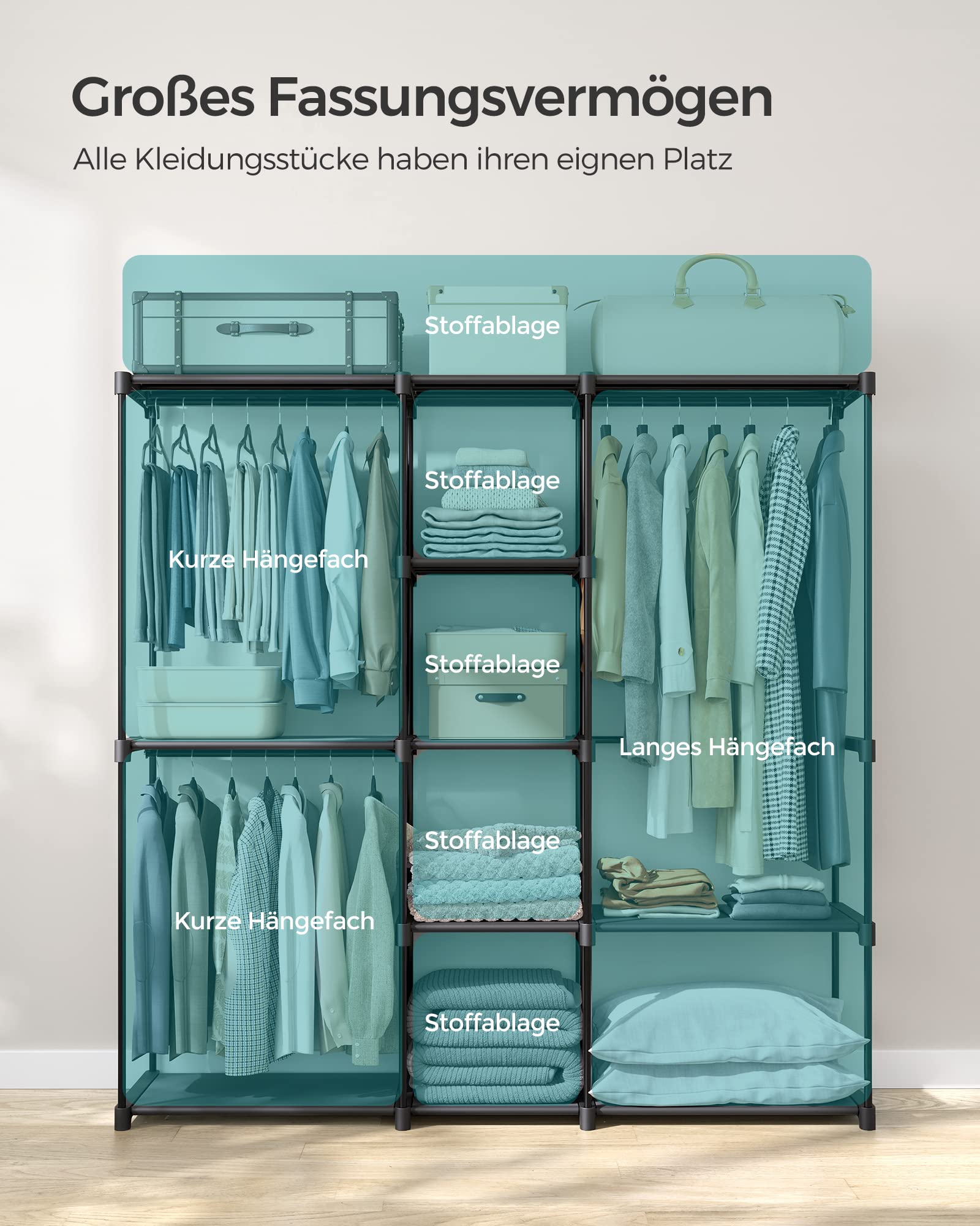 SONGMICS Kleiderschrank, Kleiderständer, freistehende Garderobe, mit Kleiderstangen, Garderobenständer, Stoffablagen, Metallrahmen, 182 x 43 x 182 cm, tintenschwarz RYG037B02