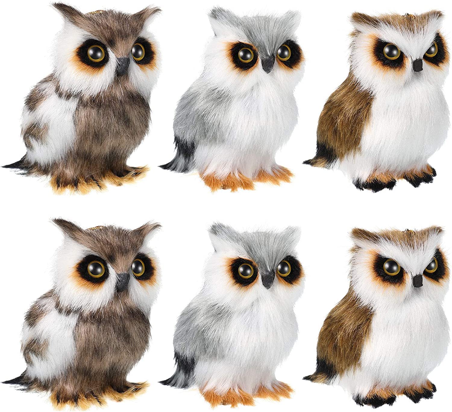 SYOSI Mini Owl Plush Toys, 6pcs 3.2 Inch Soft Stuffed Animal Owl Dolls, Hanging Ornaments for Tree, Woodland Gray White, Durable Plush Toy for DIY Keychain, Birthday, Xmas Decorations, Party Favor