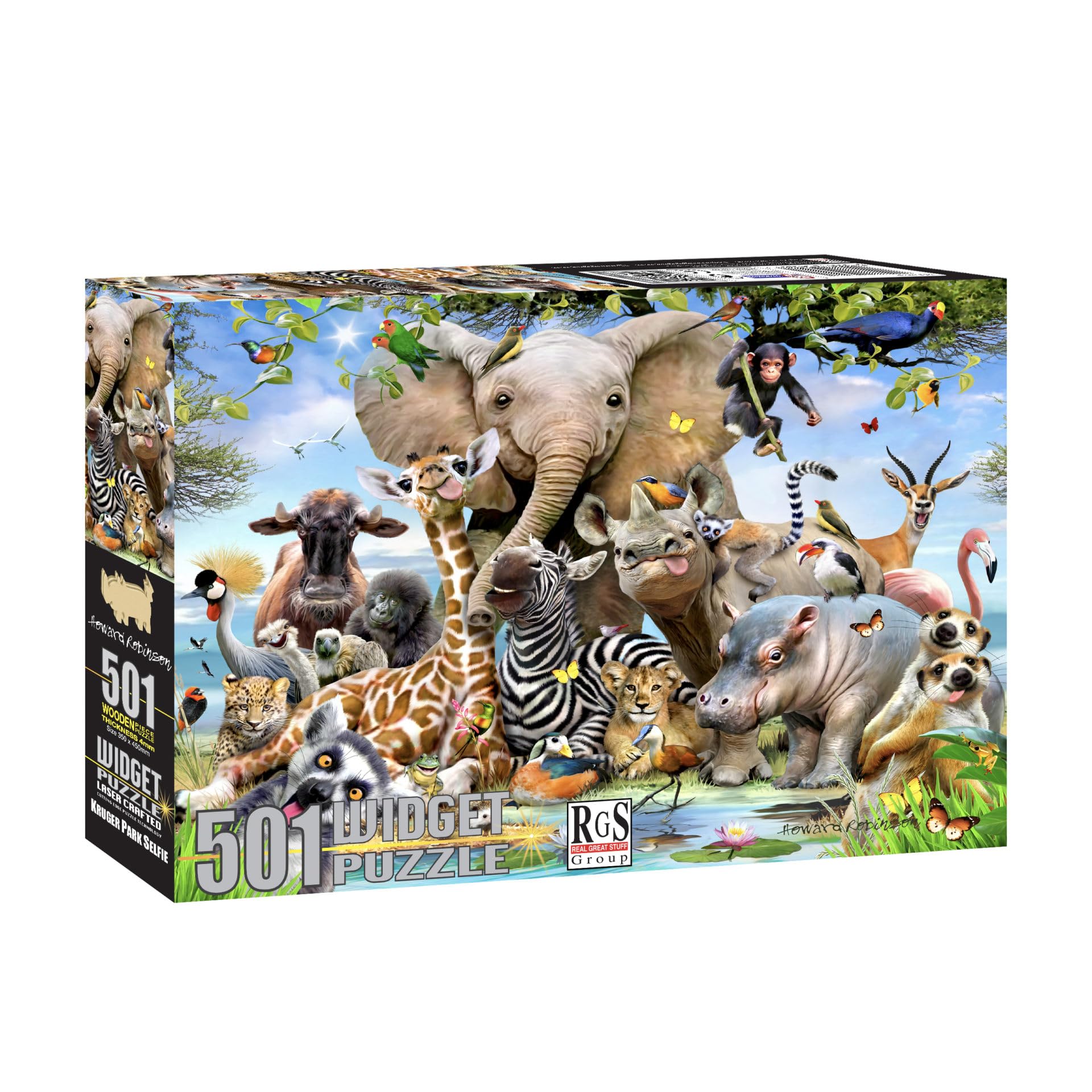 Puzzle Africa Selfie 501 Piece Widget Puzzle, Howard Robinson Wildlife Art, Wooden Interlocking Pieces with Widget Shapes, 450 x 350mm