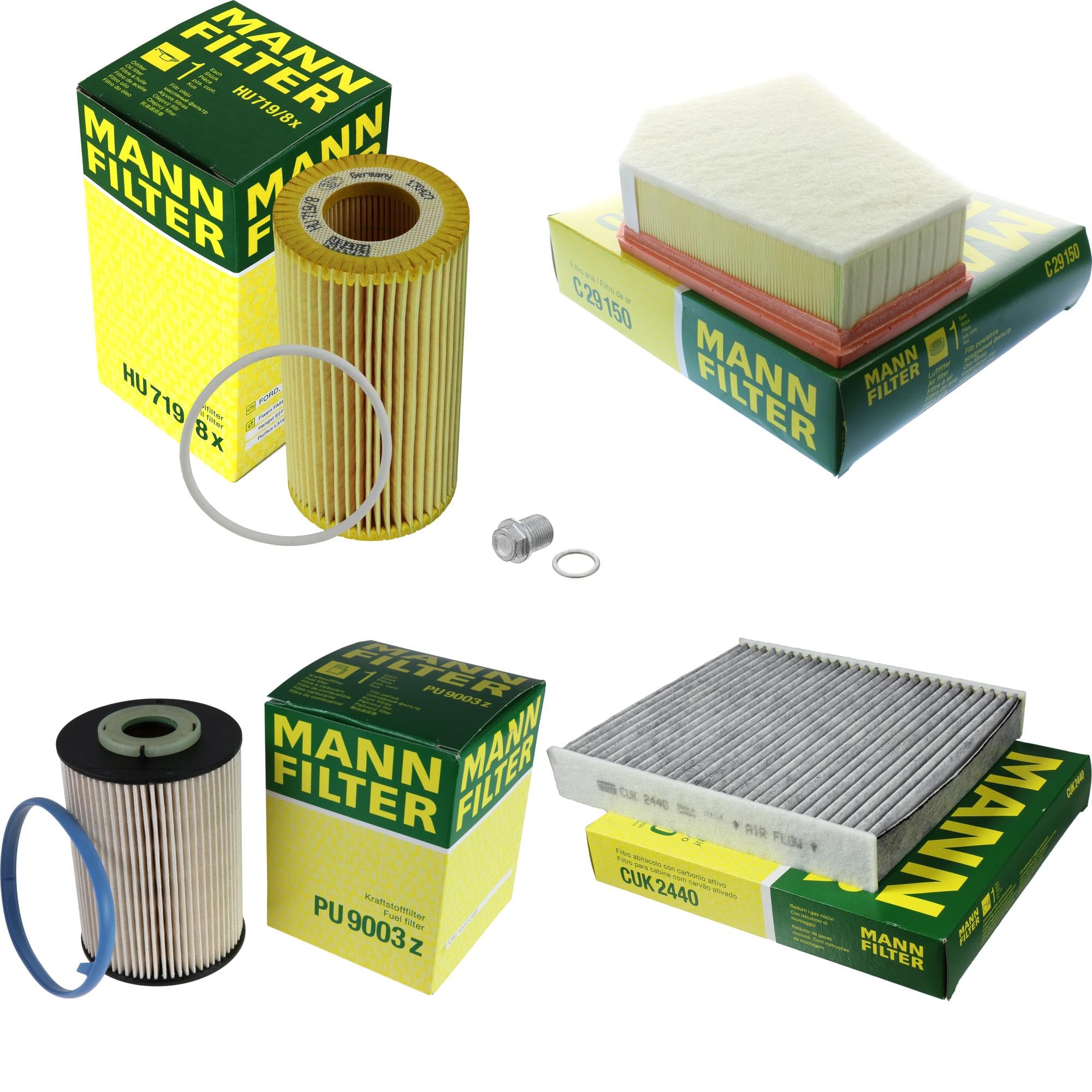 Paquete de inspección Kit de mantenimiento de filtros con filtro de aceite HU 719/8 x, filtro de aire C 29 150, filtro de combustible PU 9003 z, filtro de habitáculo CUK 2440, tornillo de