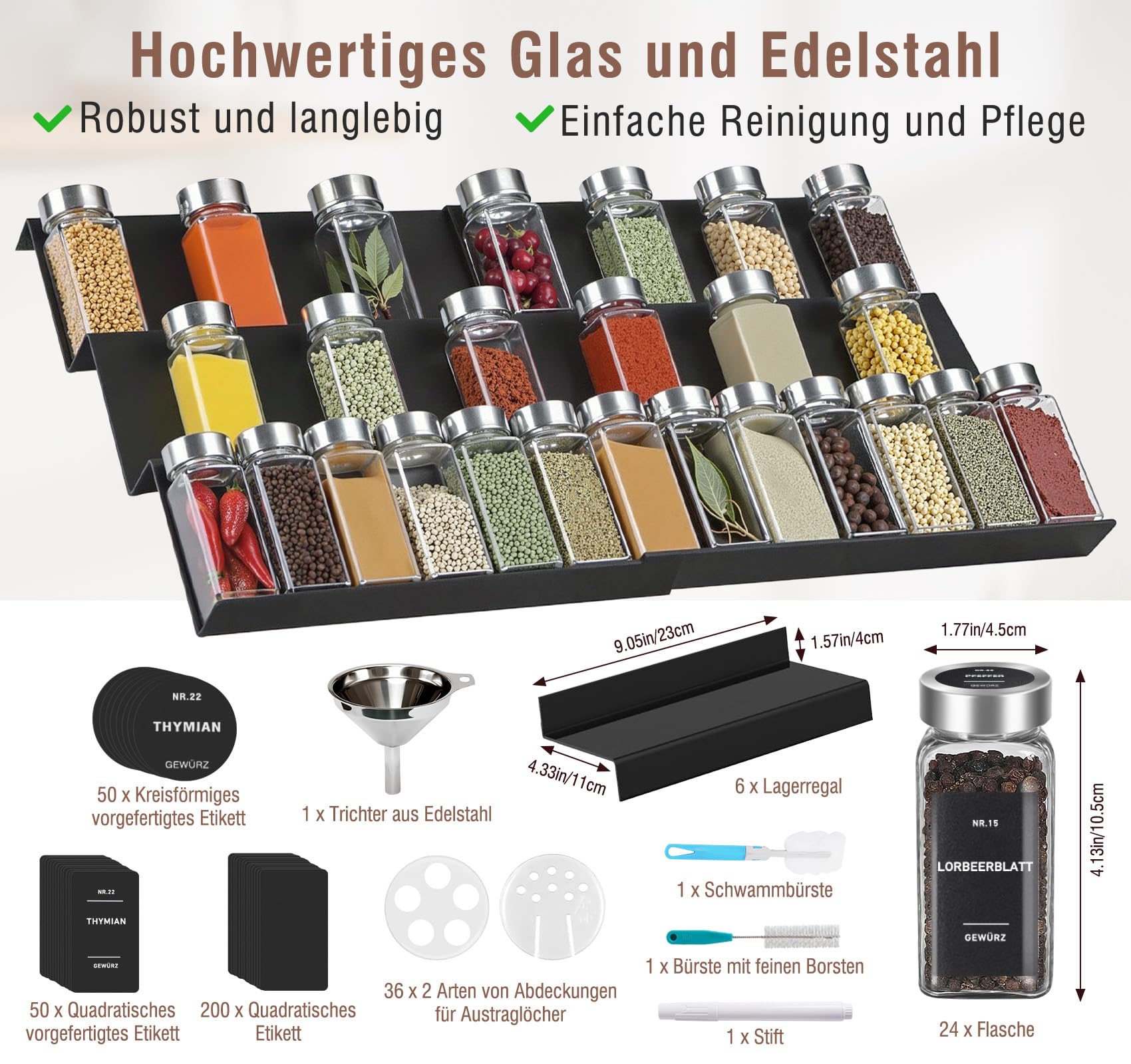 72er Set Eckige Gewürzgläser 120ml mit 18er Gewürzregal Schublade Einsatz für Ordnung in der Gewürzschublade, Gewürzdosen mit Luftdichte Edelstahl Deckel, inkl. 900 Etiketten & Zubehör
