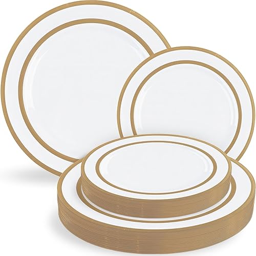 Symmetry - Juego de vajilla 32 unidades Lujoso juego de platos redondos de plástico blanco con doble borde dorado con 16 platos de ensalada de 7.5