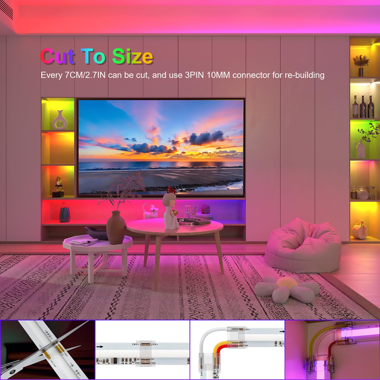 JOYLIT Taśma LED COB RGBWIC 24V 10M, WS2811 Adresowalny RGB IC + 4000K naturalna biel dynamiczna zmiana koloru, 784LEDs/M, cyfrowa ciągła taśma LED RGBW do dekoracji wnętrz (tylko światło)