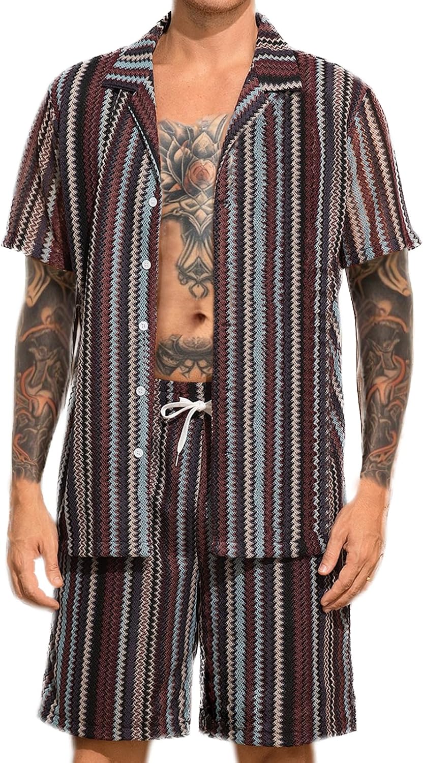 Men’s 2 Piece Casual Beach Set - Striped Short Sleeve Shirt and Shorts Outfit for Summer Vacation Pool Party