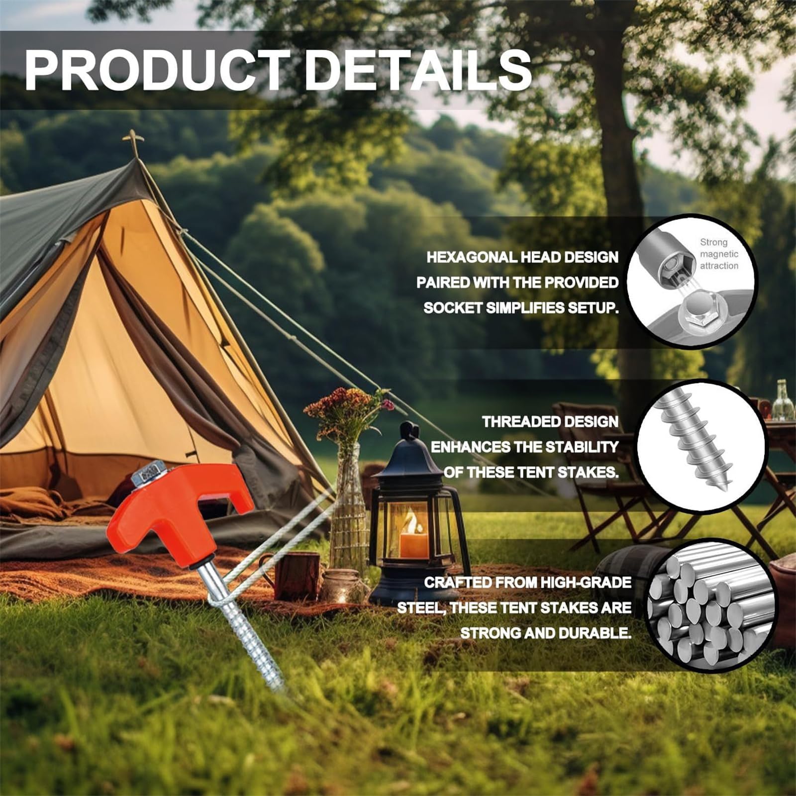 8 pièces Clous de Tente extérieure piquets de Tente de Camping avec ancrages à Douille hexagonale piquets d ' auvent à Filetage Long piquets d ' auvent à vis Robustes