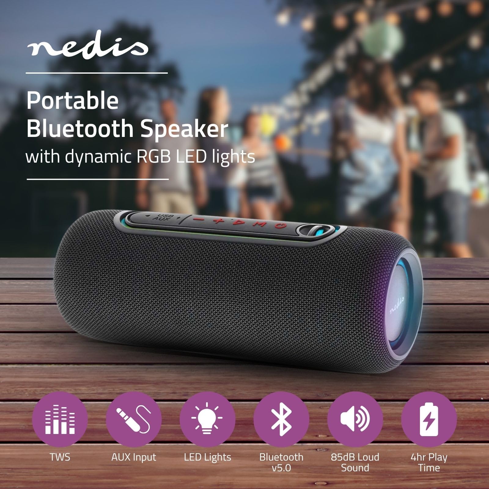 Nedis Altoparlante Bluetooth - Tempo massimo di riproduzione della batteria: 4 ore - Dispositivo portatile - 30 W - Stereo - Microfono incorporato - X5 - Collegabile - Nero