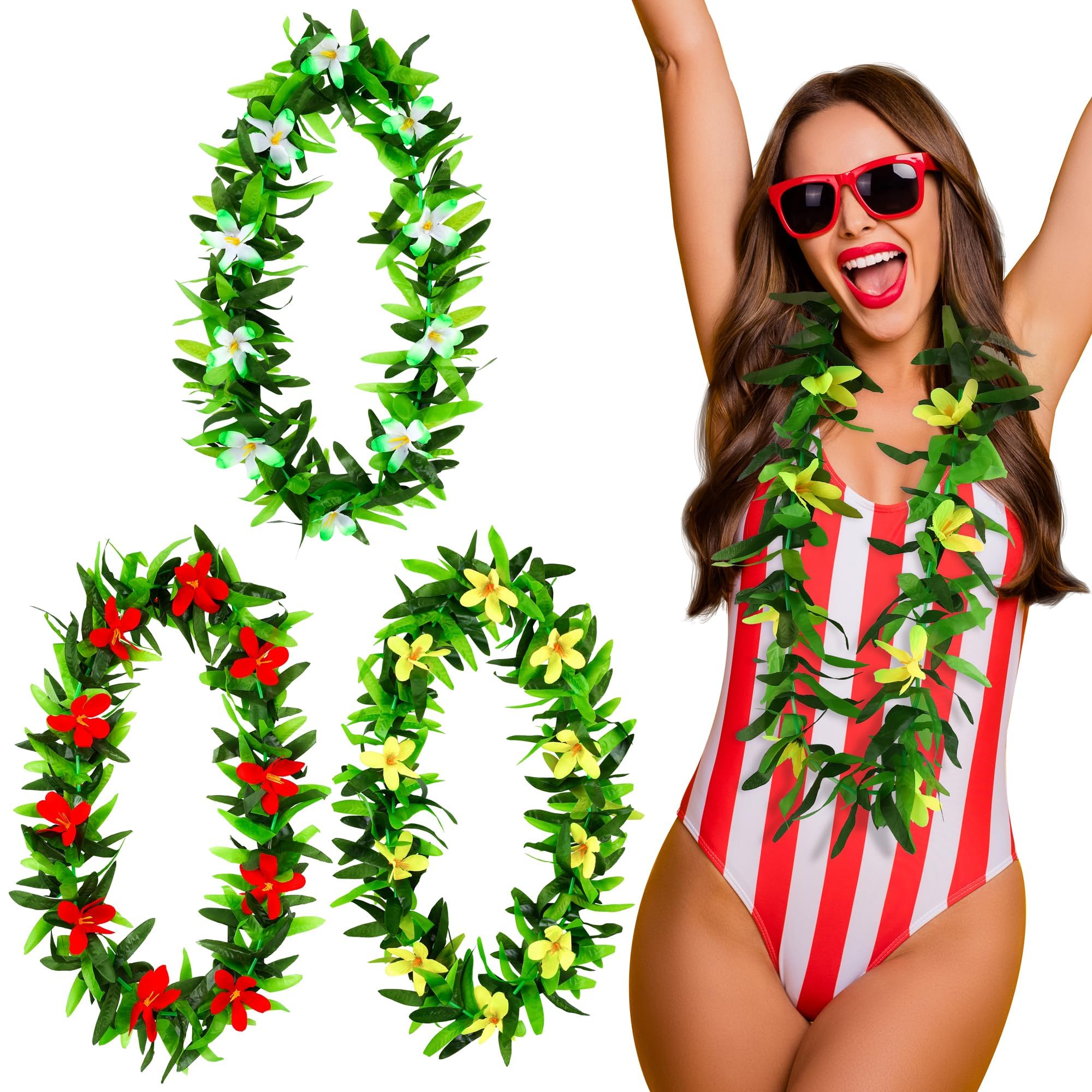 Aodaer Hawaiian Garland, 3 Pcs Vintage Faux Leaf Lei, Retro Pool Party & Rustic Wedding Decor, Hawaiian Flower Necklace & Neck Garland