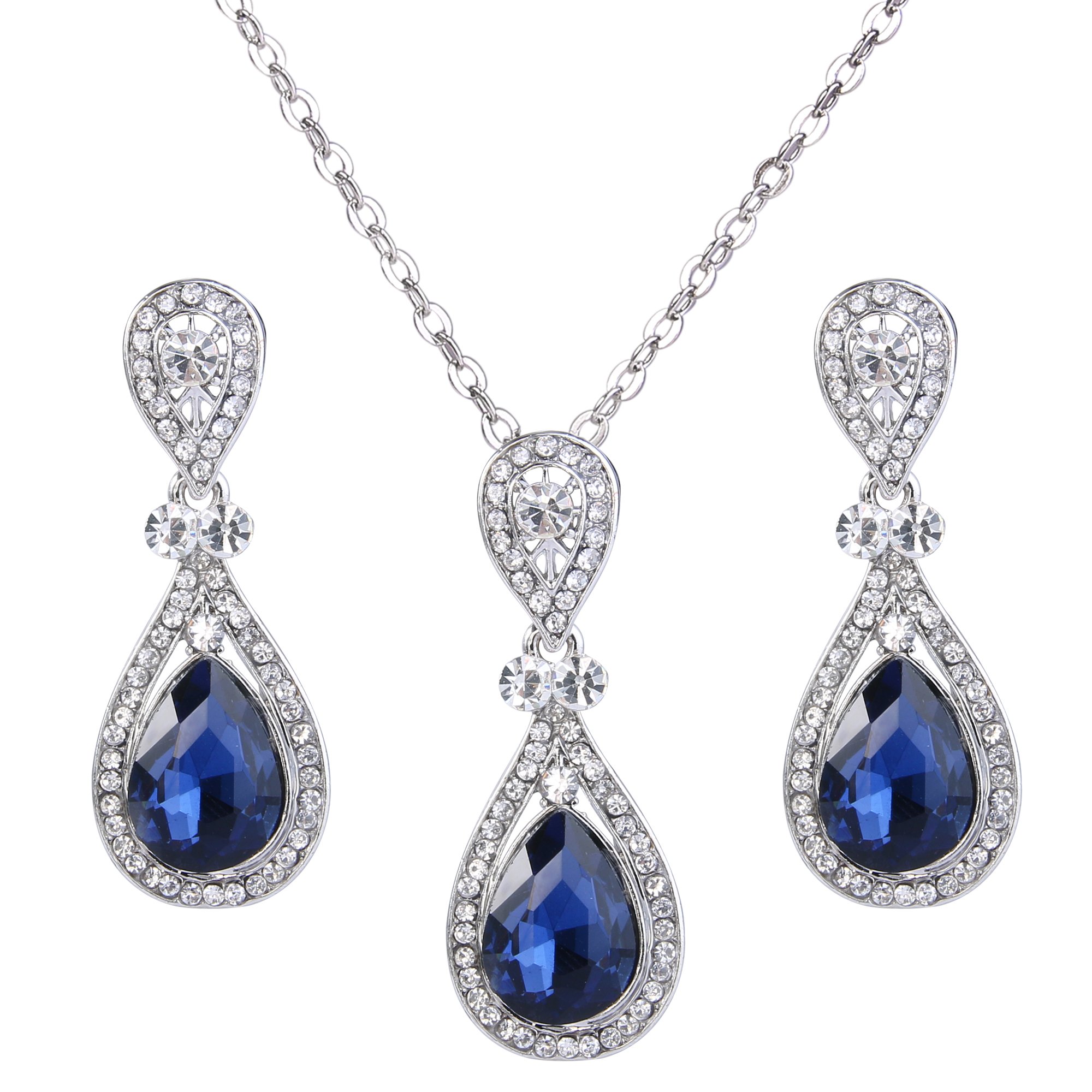 BriLove Women's Wedding Bridal Elegant Crystal Teardrop Pendant Necklace Dangle Earrings Set