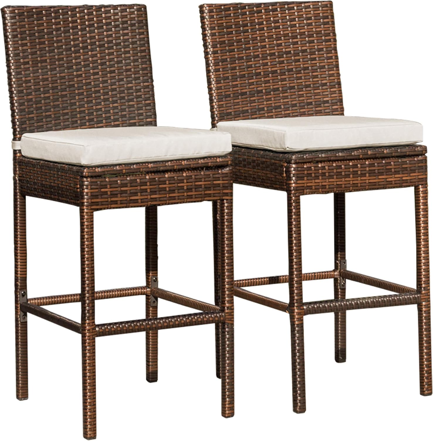 Amazon Com Sundale Outdoor Bar Stools Set Of 2 Wicker Rattan Bar Stool Armless 2 Piece Wicker Chairs Patio Bar Chair With Cushion Beige All Weather Outdoor Rattan Furniture Aluminum Brown Kitchen